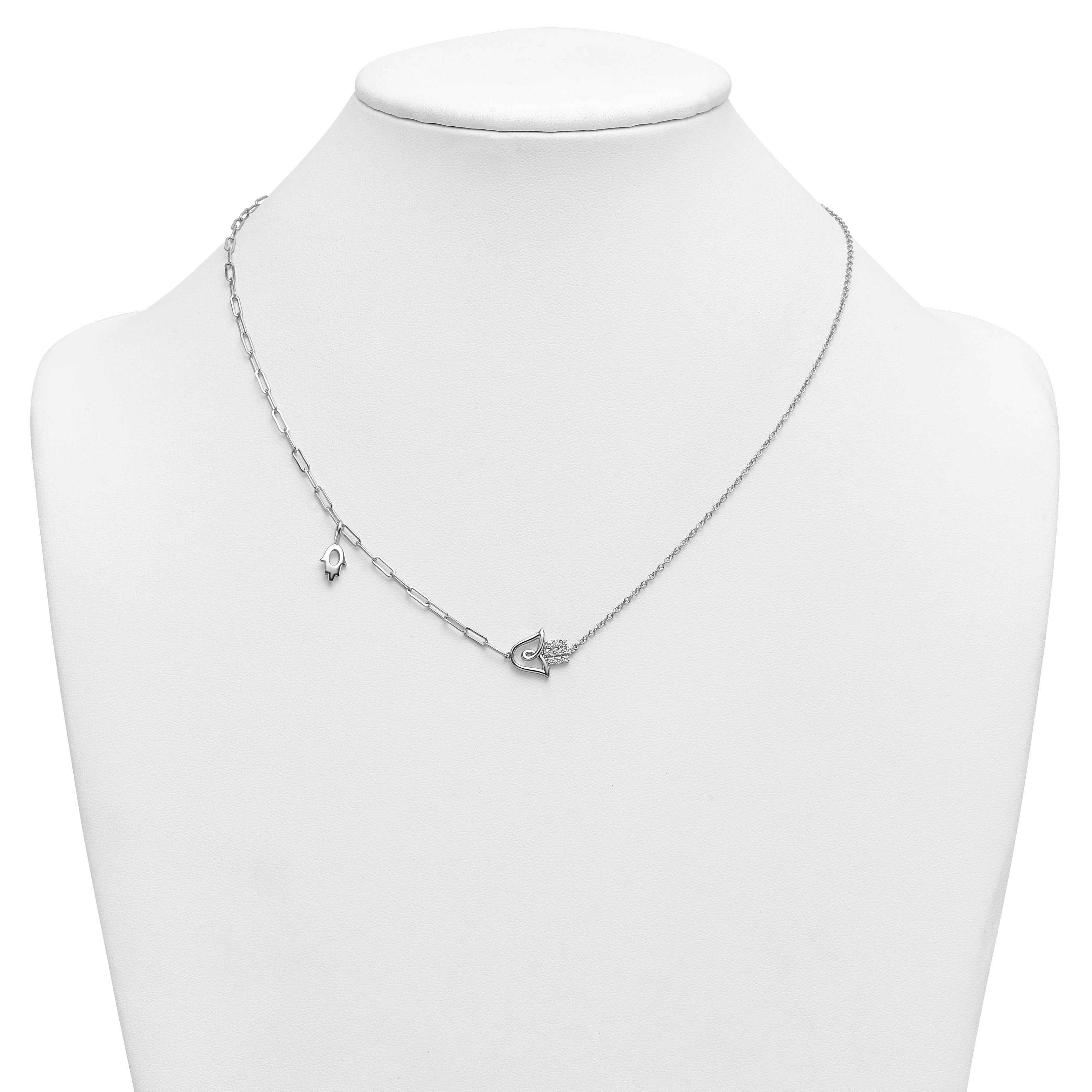 0.15 Ct Round White Lab Diamond Prong 14K White Gold Hamsa Hand Paperclip Cable Chain Necklace