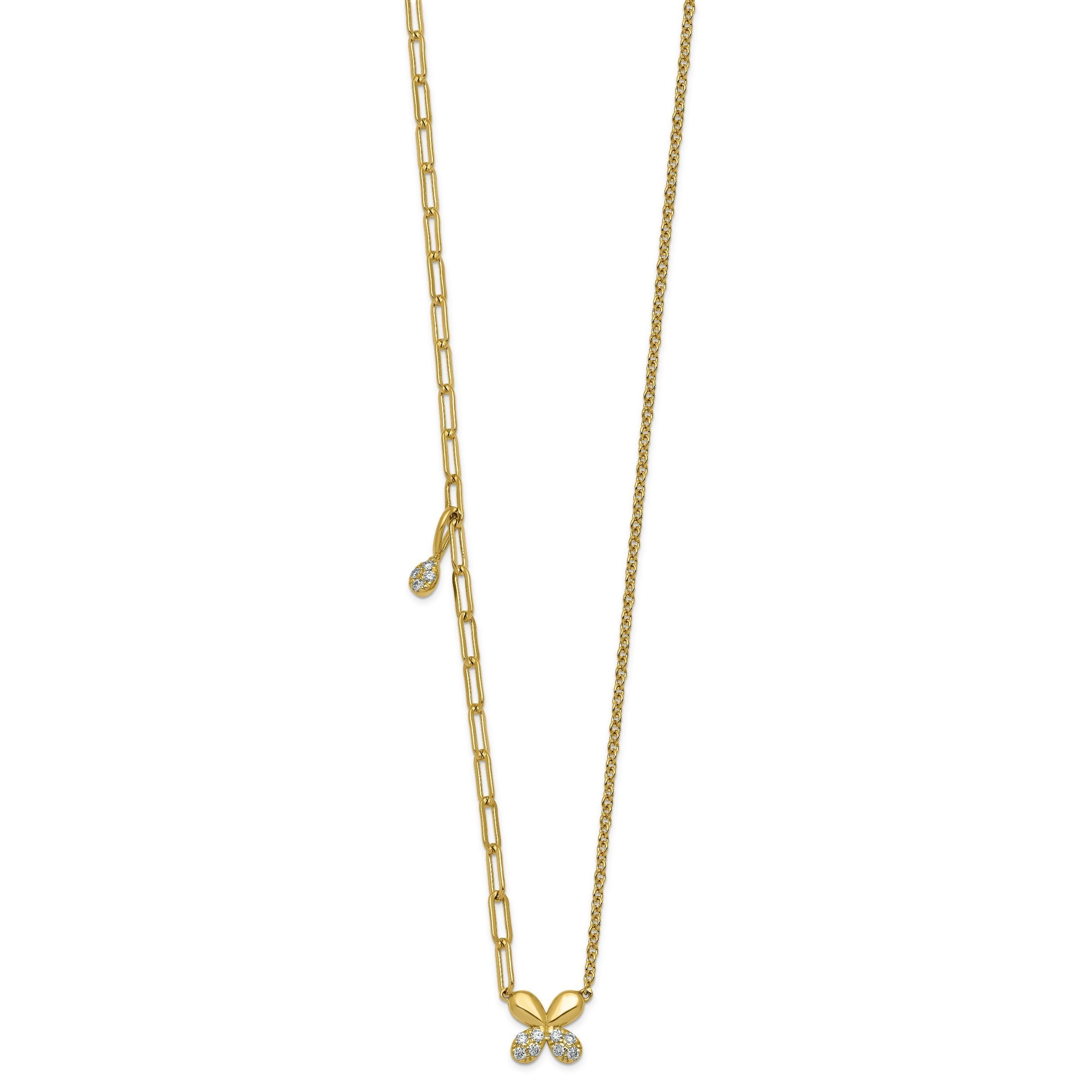 0.13 Ct Lab Diamond Pave 14K Yellow Gold Butterfly Paperclip cable Chain Necklace