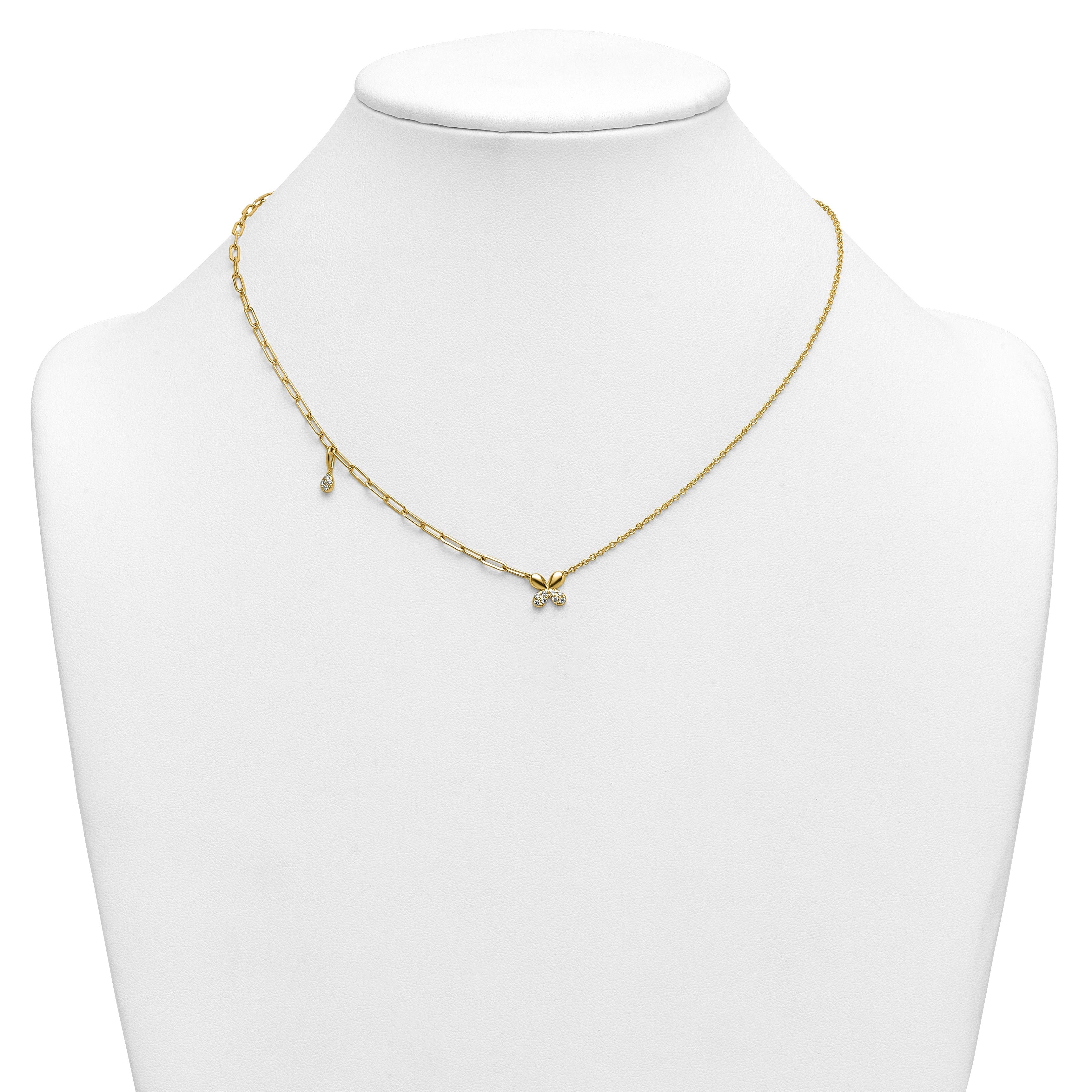 0.13 Ct Lab Diamond Pave 14K Yellow Gold Butterfly Paperclip cable Chain Necklace