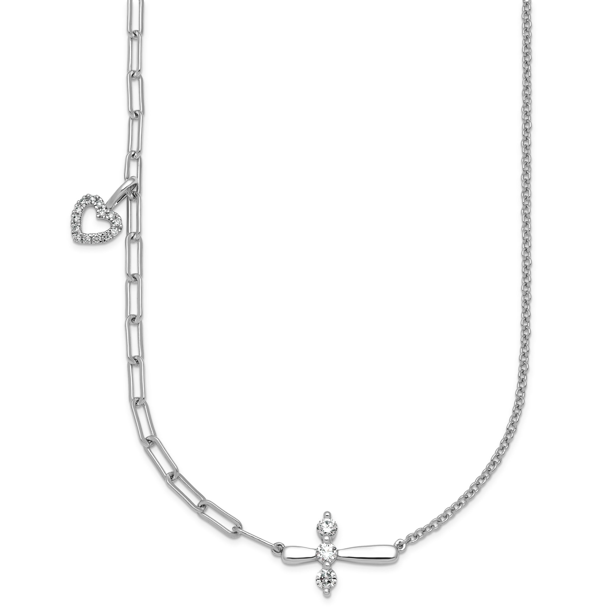 0.26 Ct Round White Lab Grown Diamond Prong 14K White Gold Cross & Heart Paperclip Cable Chain Necklace