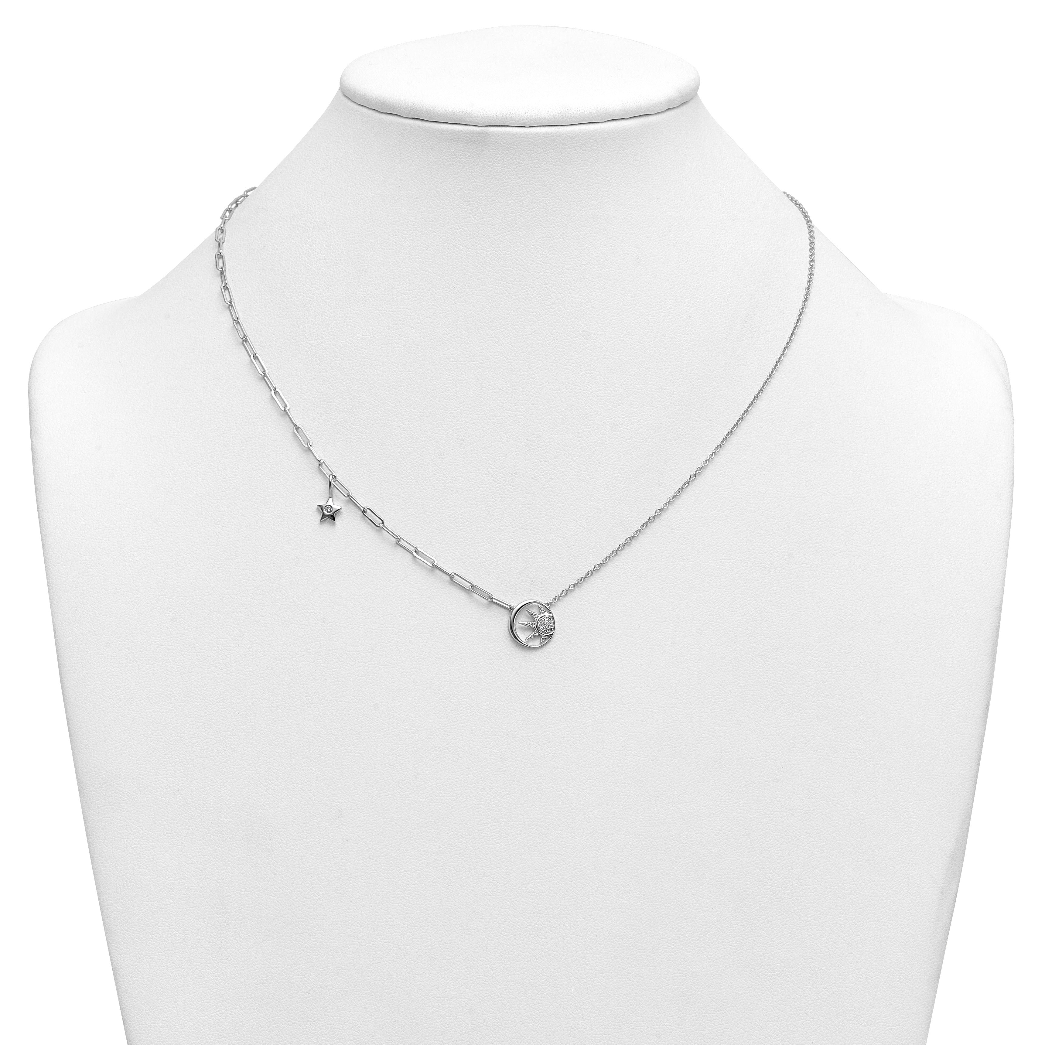 0.10 Ct Round White Lab Grown Diamond Prong 14K White Gold Sun & Star Paperclip Cable Chain Necklace