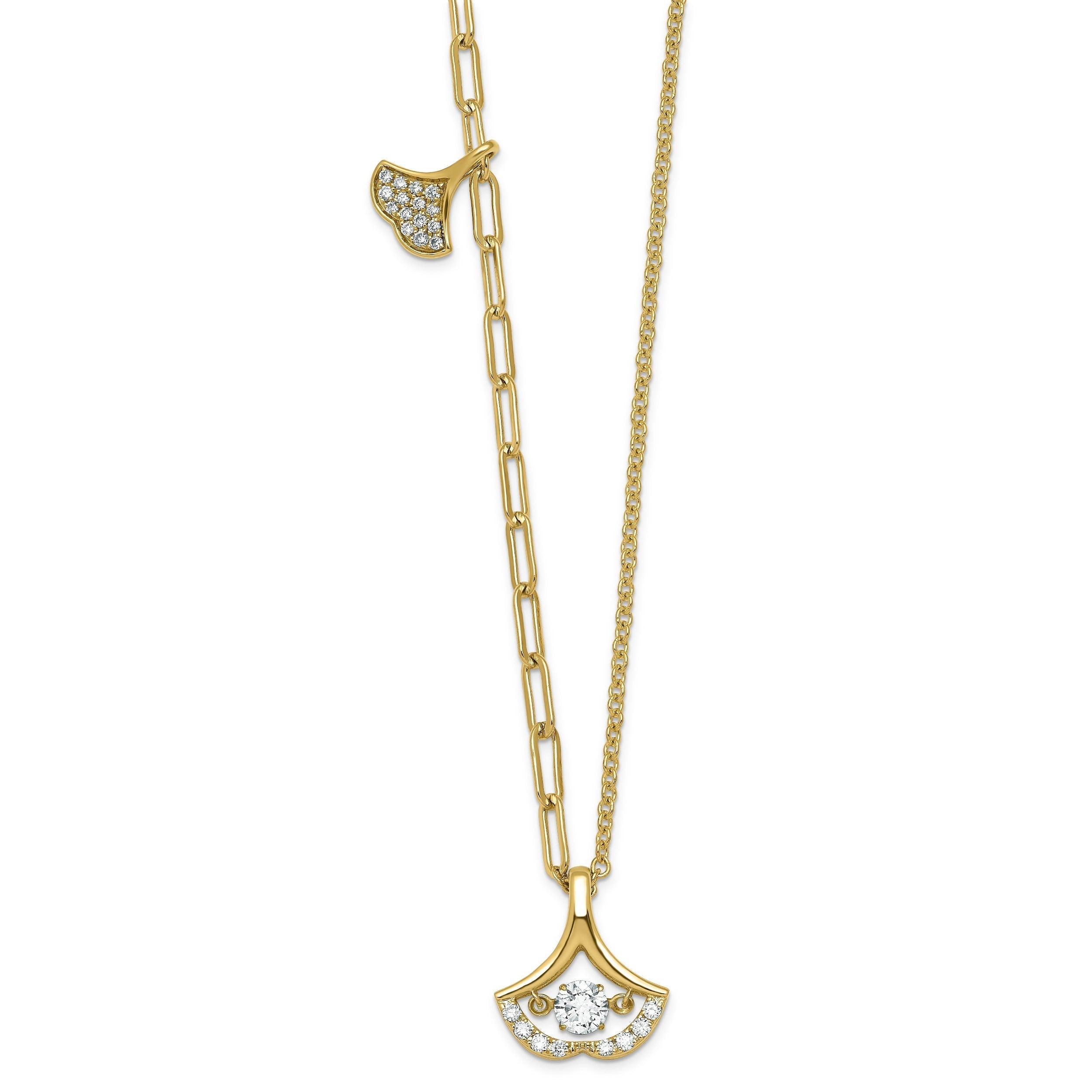 0.4 CT Round White Lab Diamond Prong Pave 14k Gold Paperclip Chain Fan Pendant Necklace