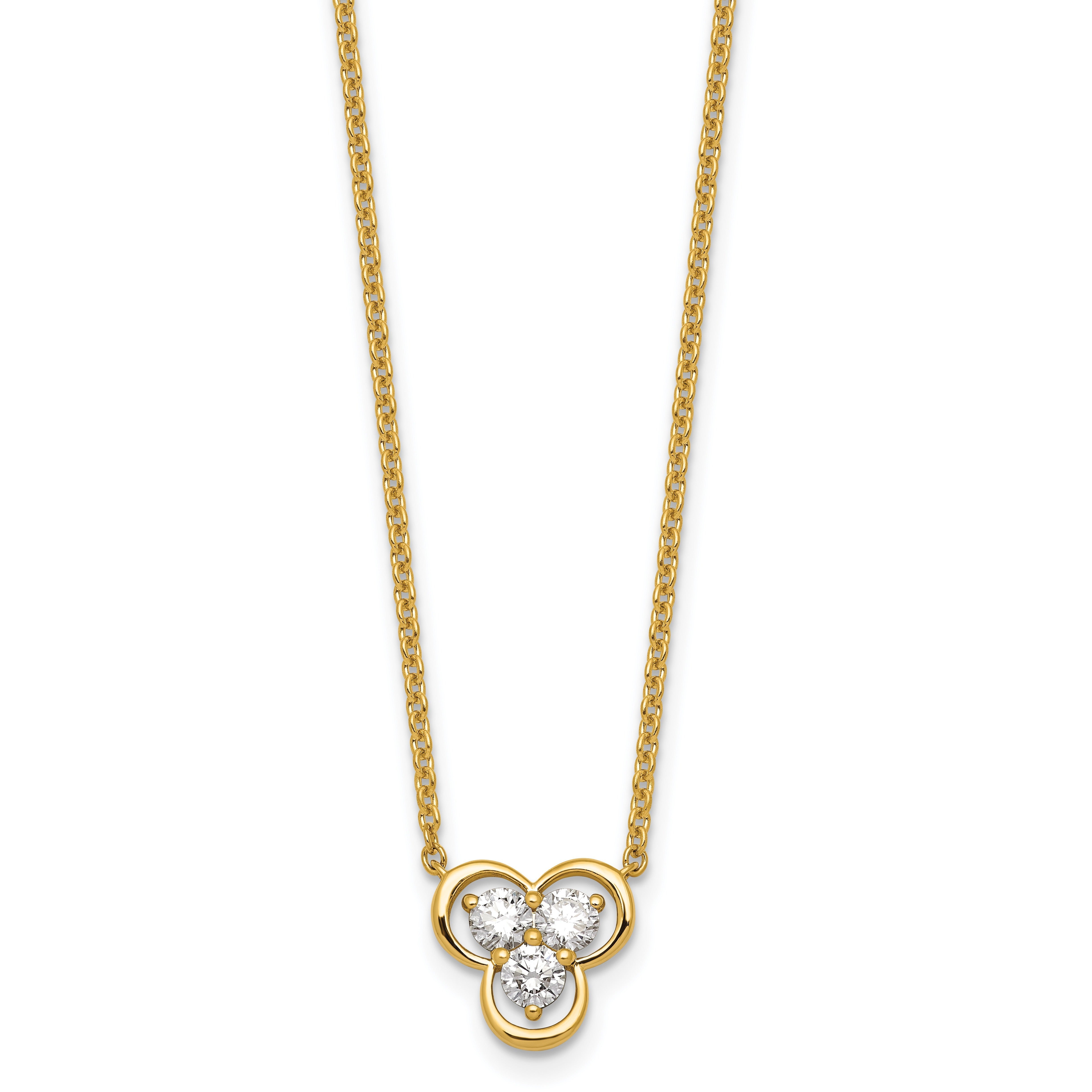 Round White Lab Grown Diamond Prong 14K Yellow Gold Three Stone Cable Chain Necklace