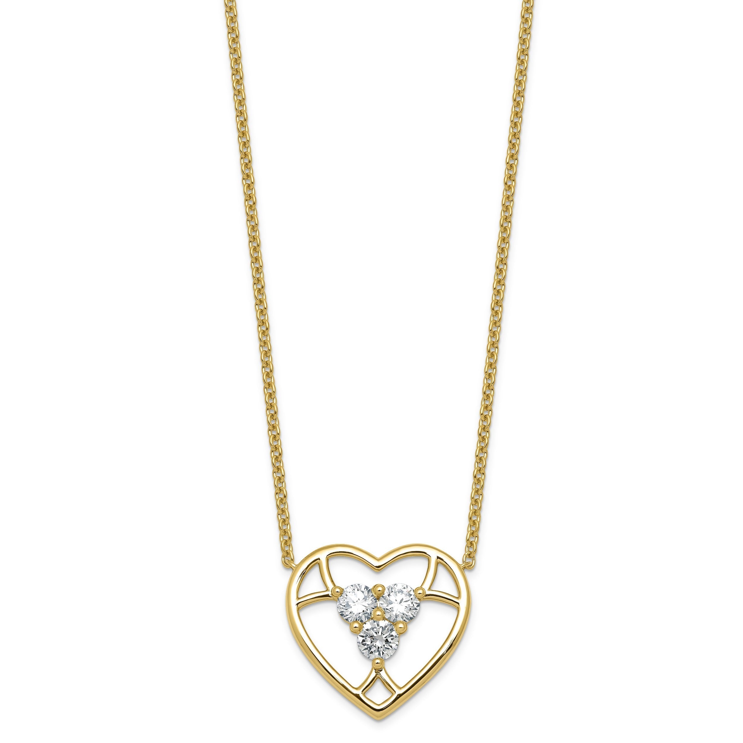 Round White Lab Grown Diamond Prong 14k Yellow Gold 3 Stone Open Heart Necklace