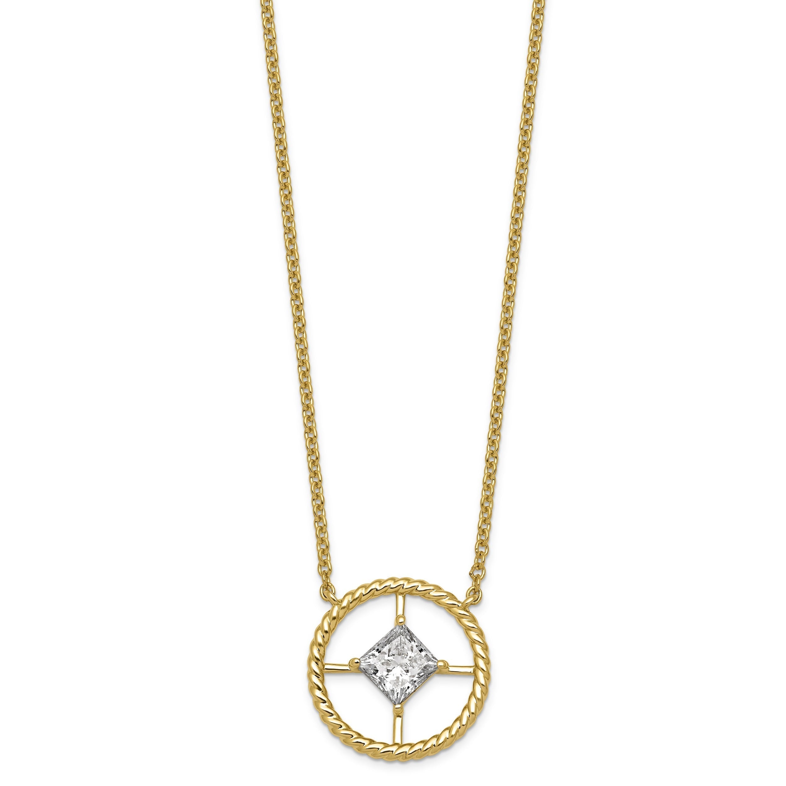 Princess White Lab Diamond Prong 14K Yellow Gold Compass Rose Medallion Cable Chain Necklace