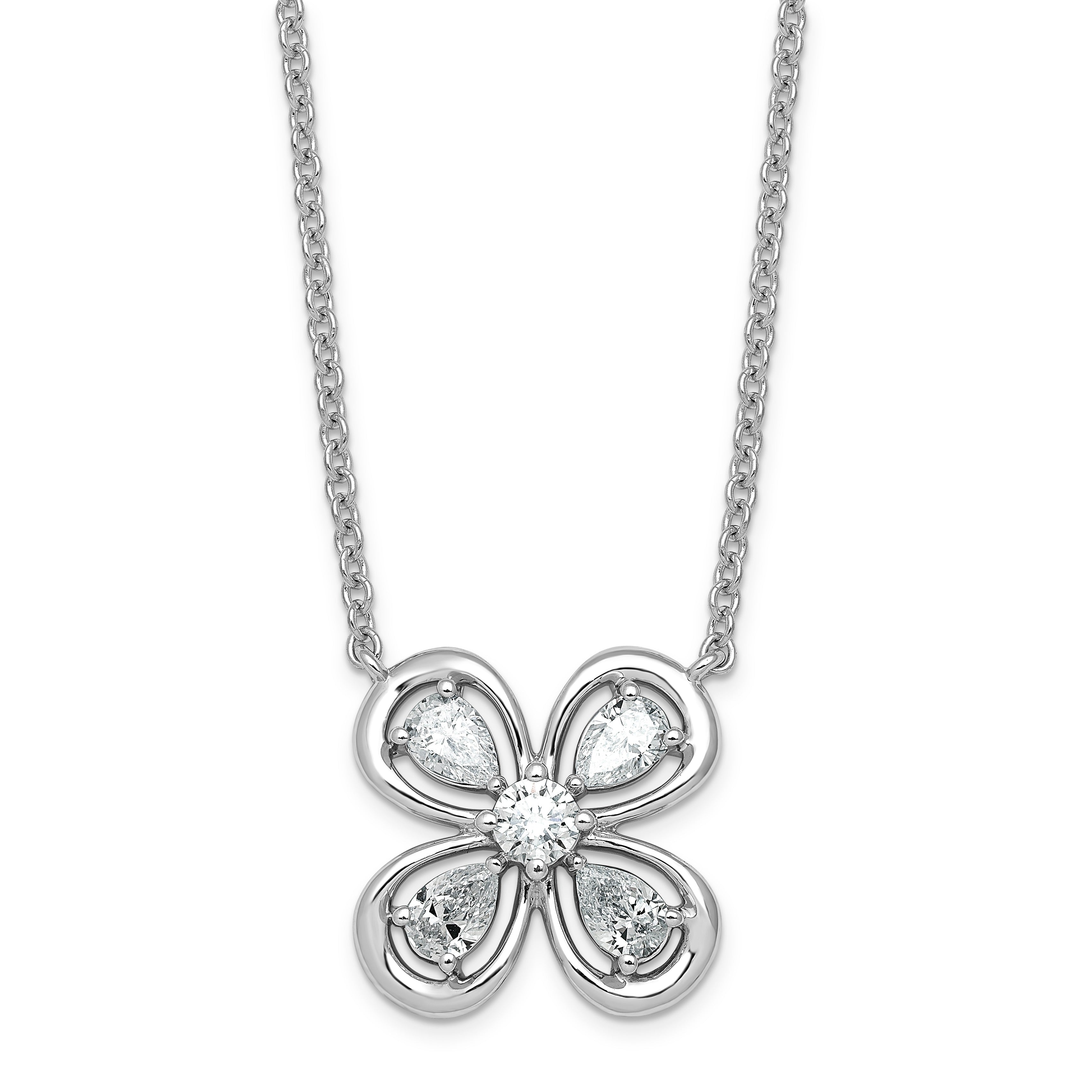 0.76 CT Pear White Lab Diamond Prong 14k White Gold Four Petal Flower Pendant Necklace