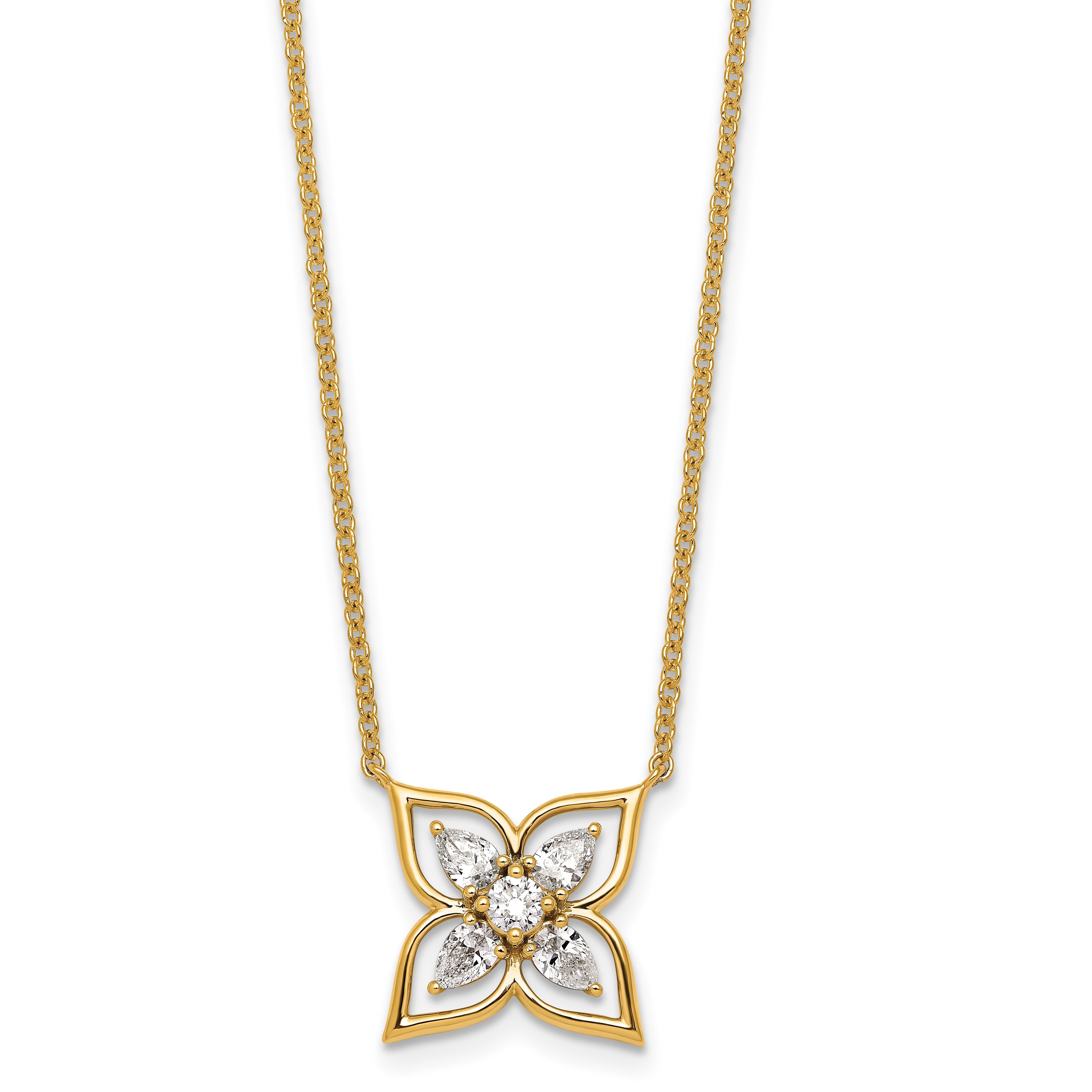 0.78CT Pear White Lab Grown Diamond Prong 14k Yellow Gold Flower Clover Pendant Fashion Necklace