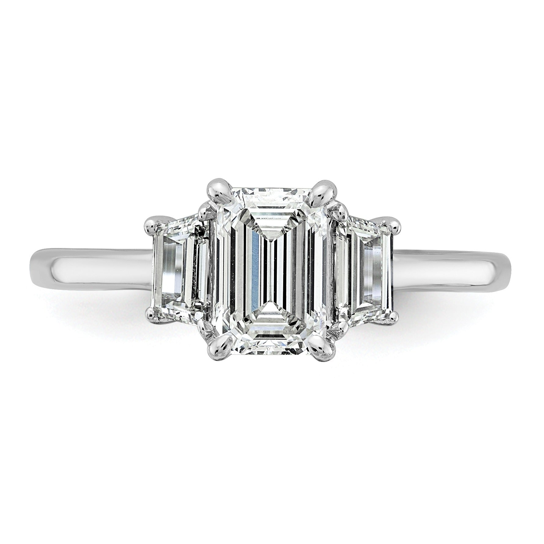 14k White Gold Diamond Emerald and Trapezoid 3-Stone Bridal Rings