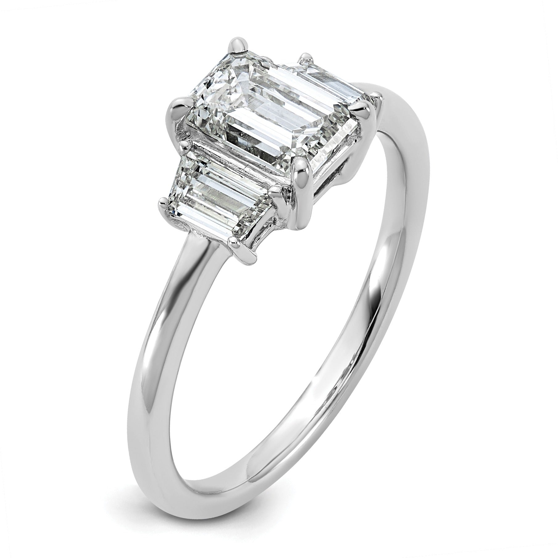 14k White Gold Diamond Emerald and Trapezoid 3-Stone Bridal Rings