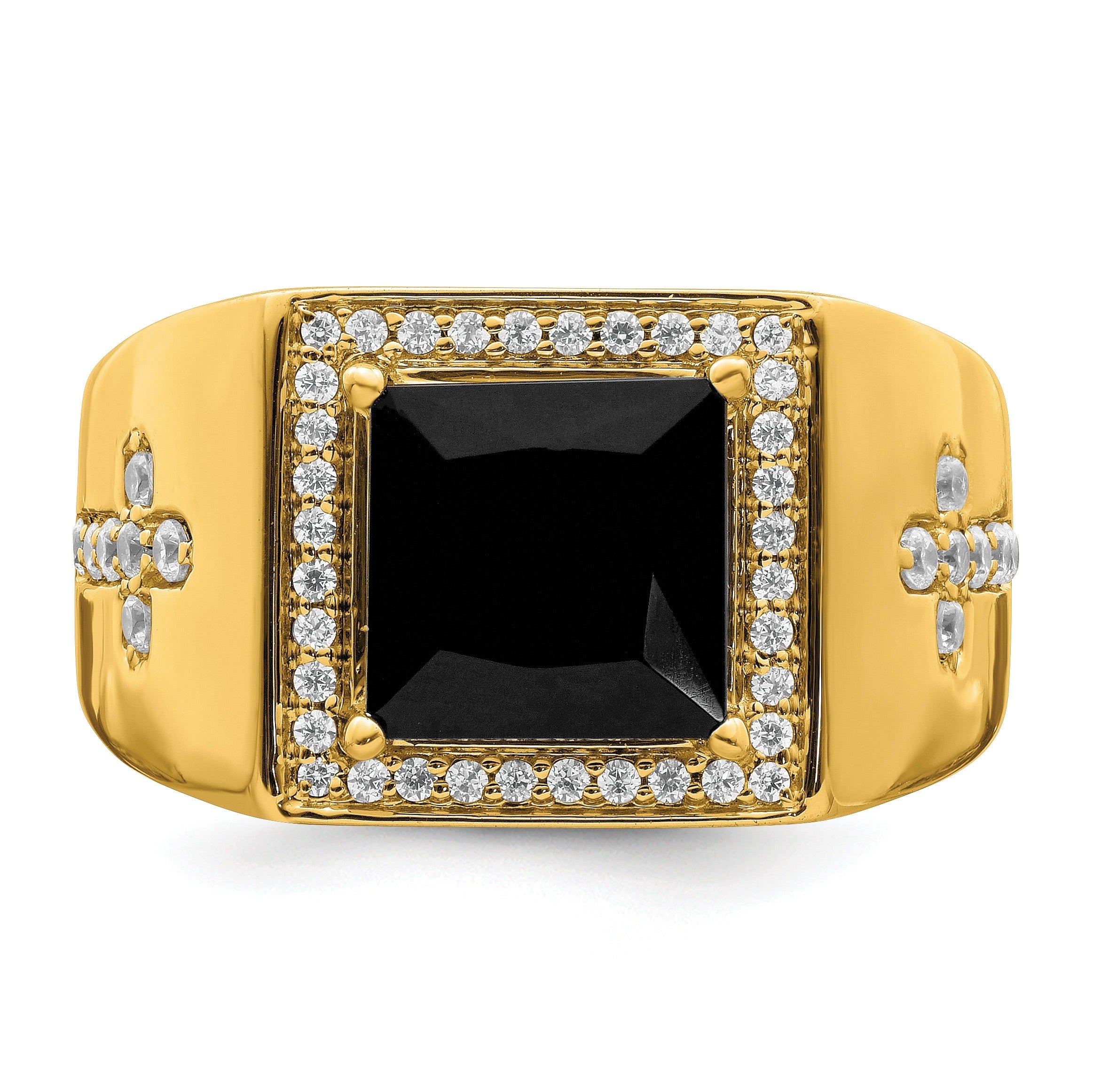 14k Gold 1/2 ct Lab Grown Diamond and Onyx Side Cross Square Men's Ring