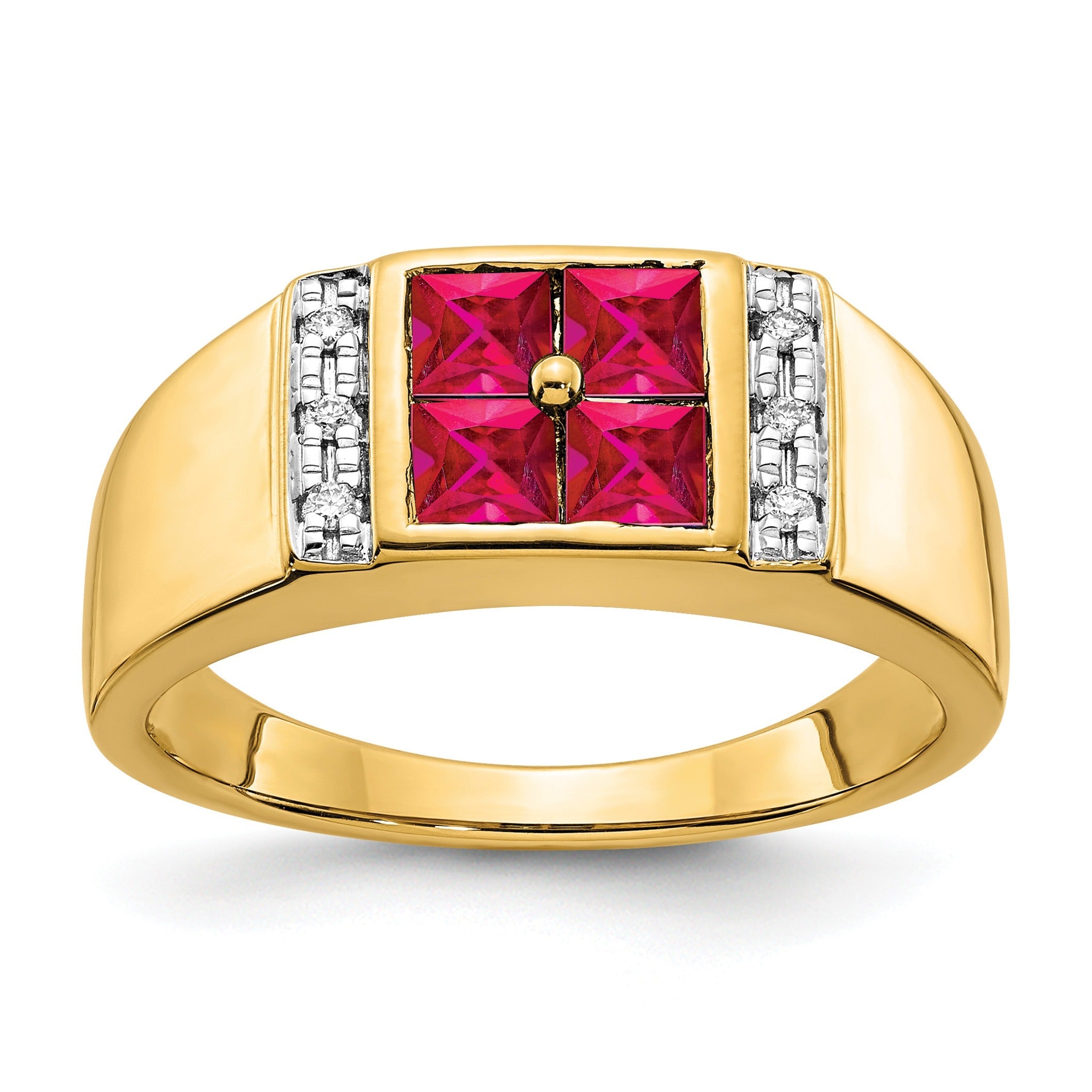 1/20 ct Lab Grown Diamond and Lab Created Ruby Men's Ring 14kYellow Gold