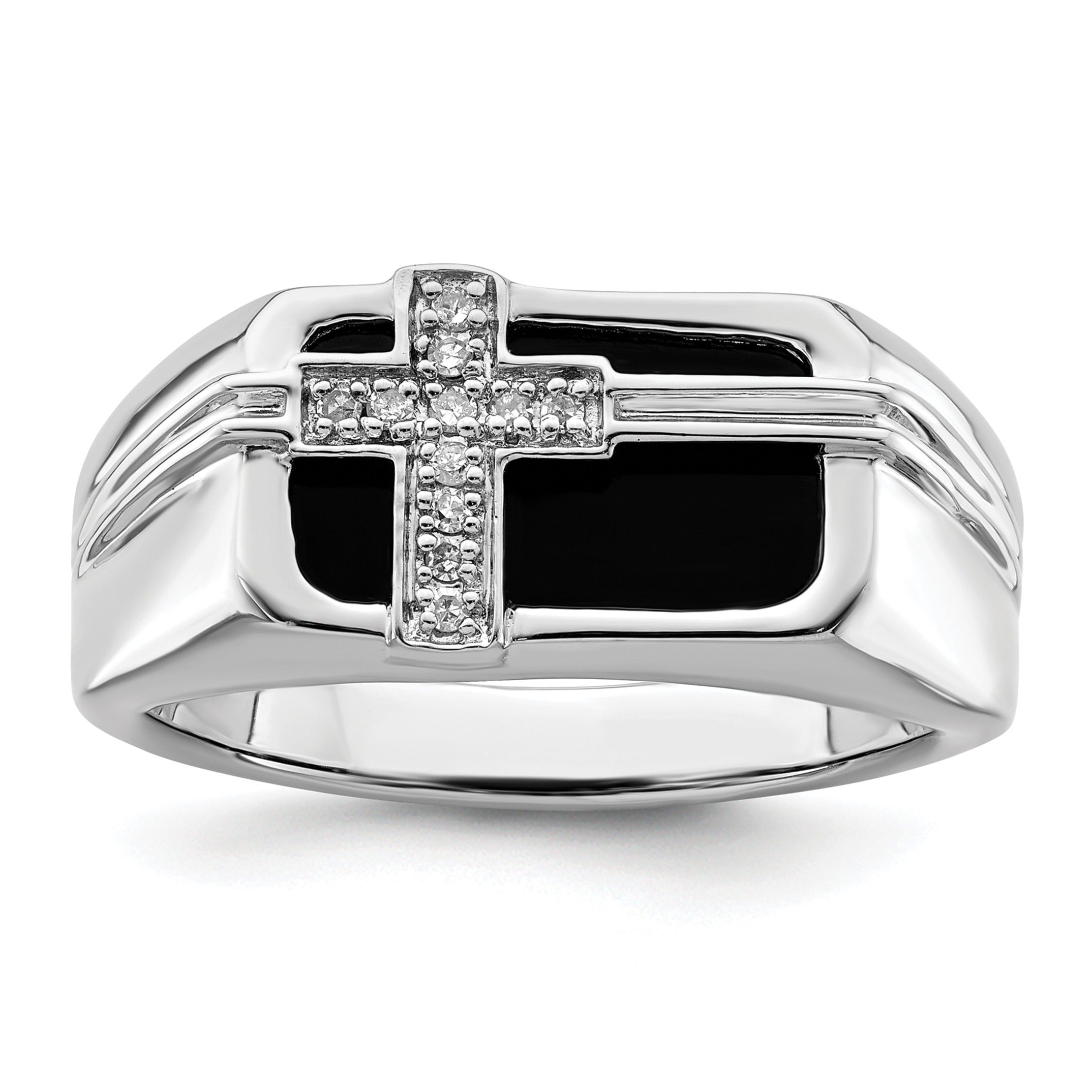1/20 ct Lab Grown Diamond and Onyx Cross Men's Ring 14k White Gold
