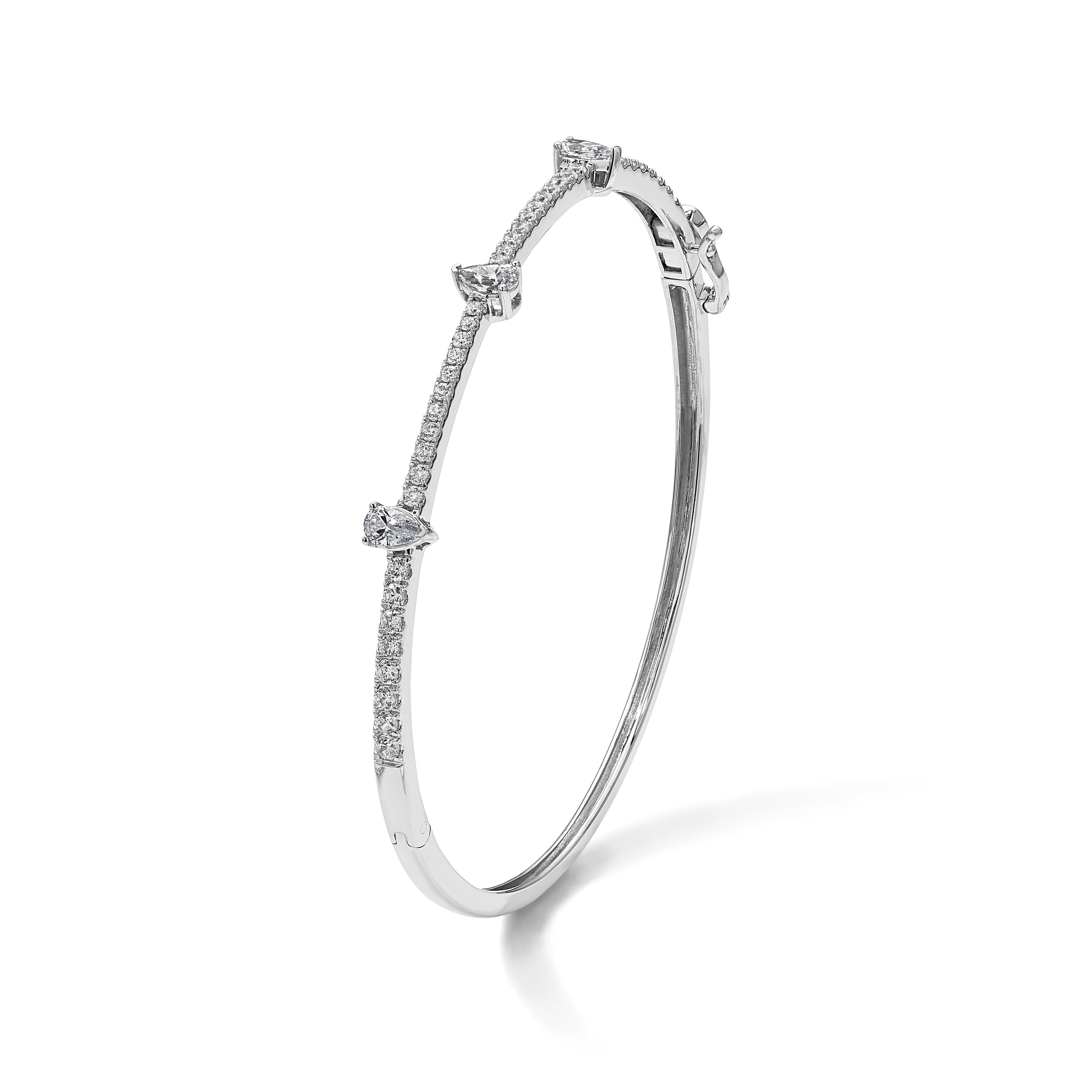 14k White Gold  Lab Diamond Round and Pear Hinged Bangle Bracelet
