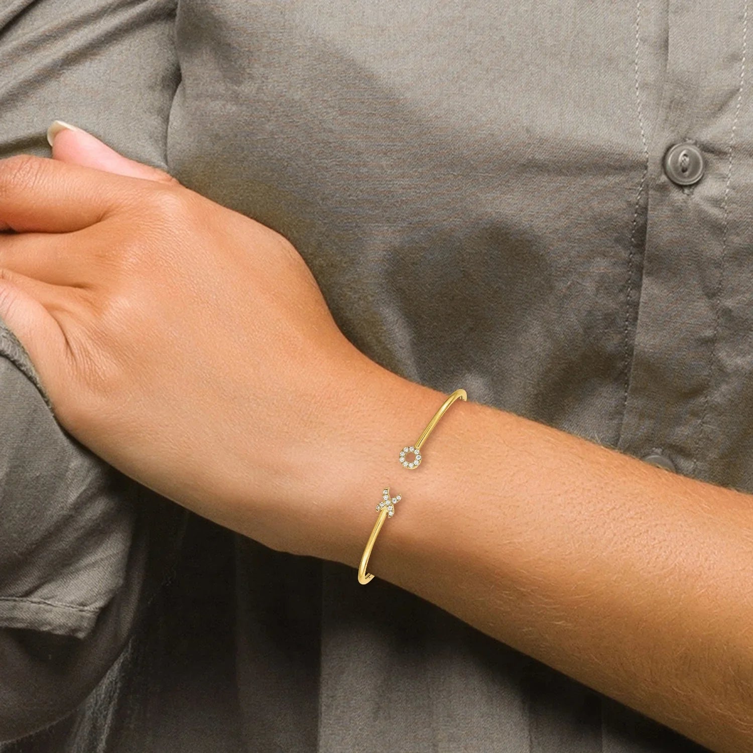 14k Yellow Gold Lab Diamond X and O Cuff Bangle Bracelet - Fine Diamond