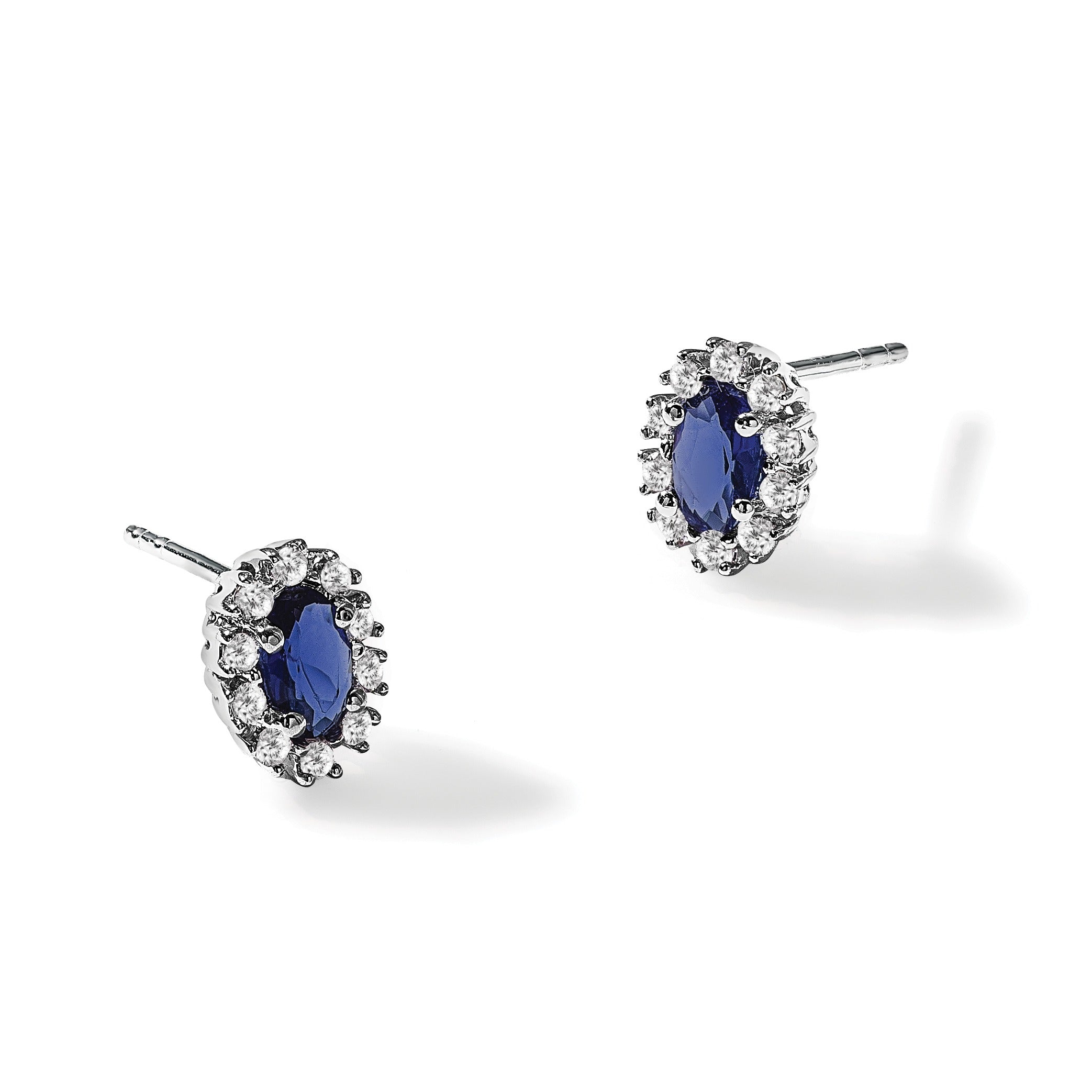 14K White Gold Lab Grown Diamond Oval Sapphire Halo Earrings 0.2 Ct.