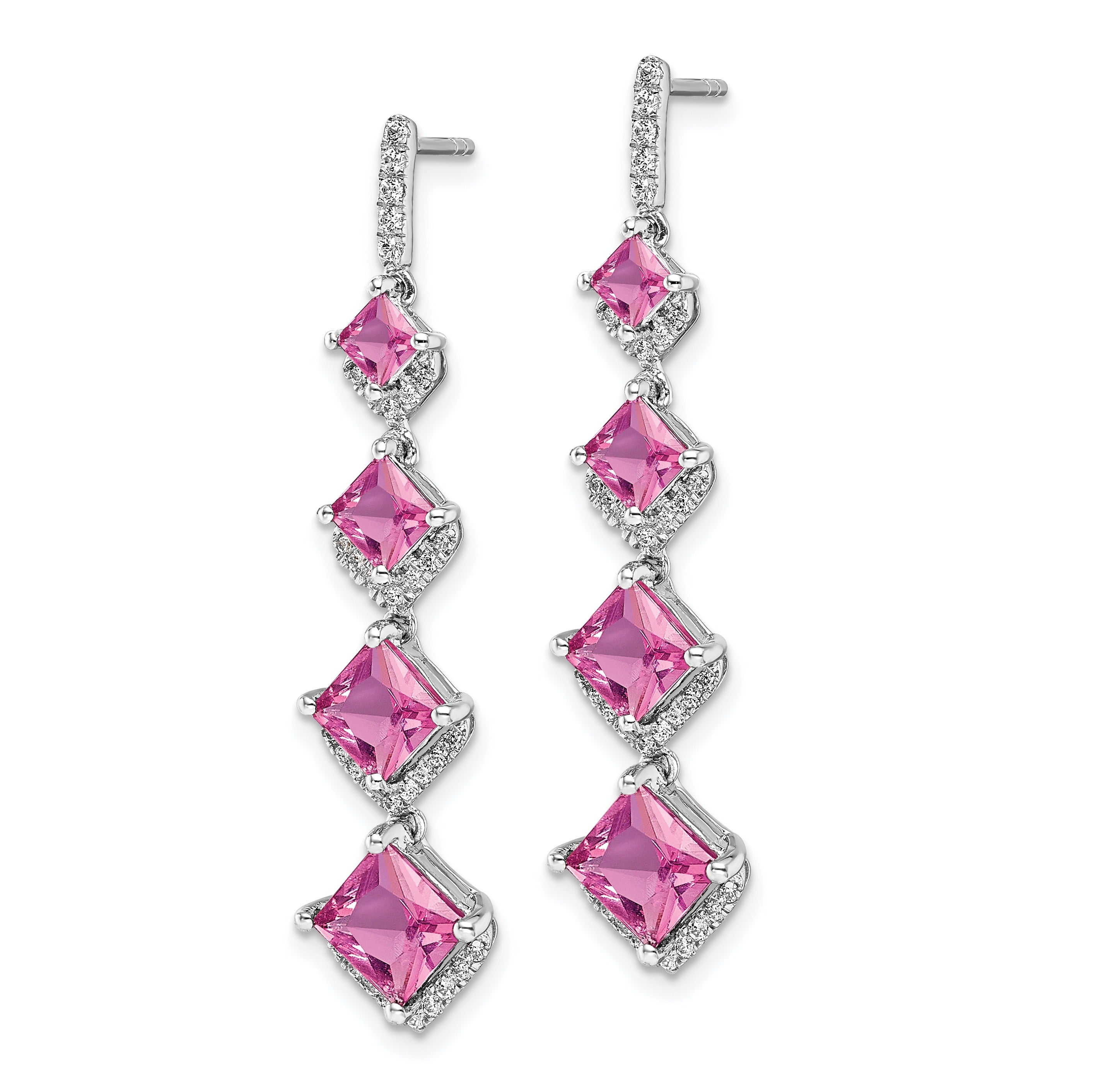 14k White Gold Lab Grown Diamond and Pink Sapphire Dangle Earrings