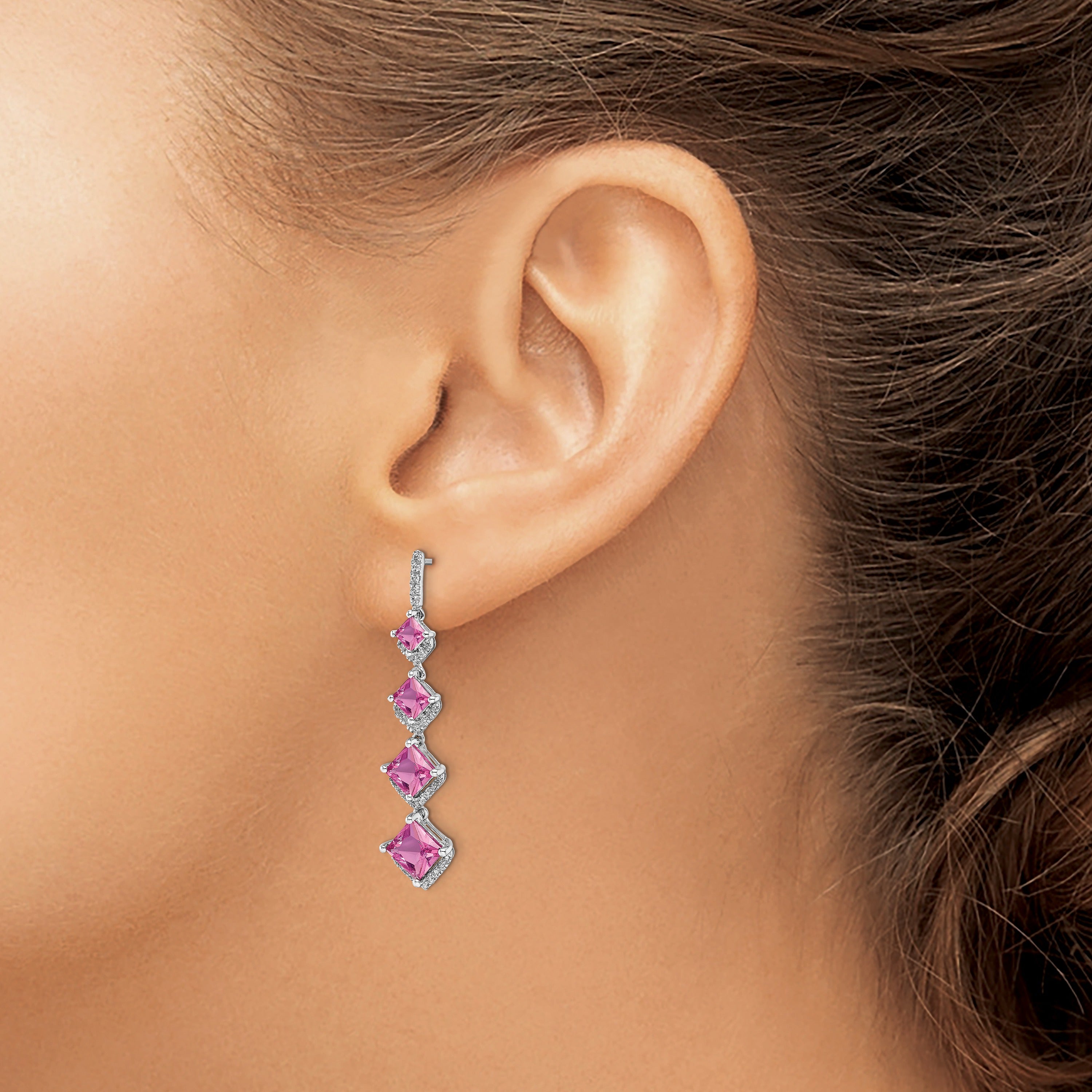 14k White Gold Lab Grown Diamond and Pink Sapphire Dangle Earrings