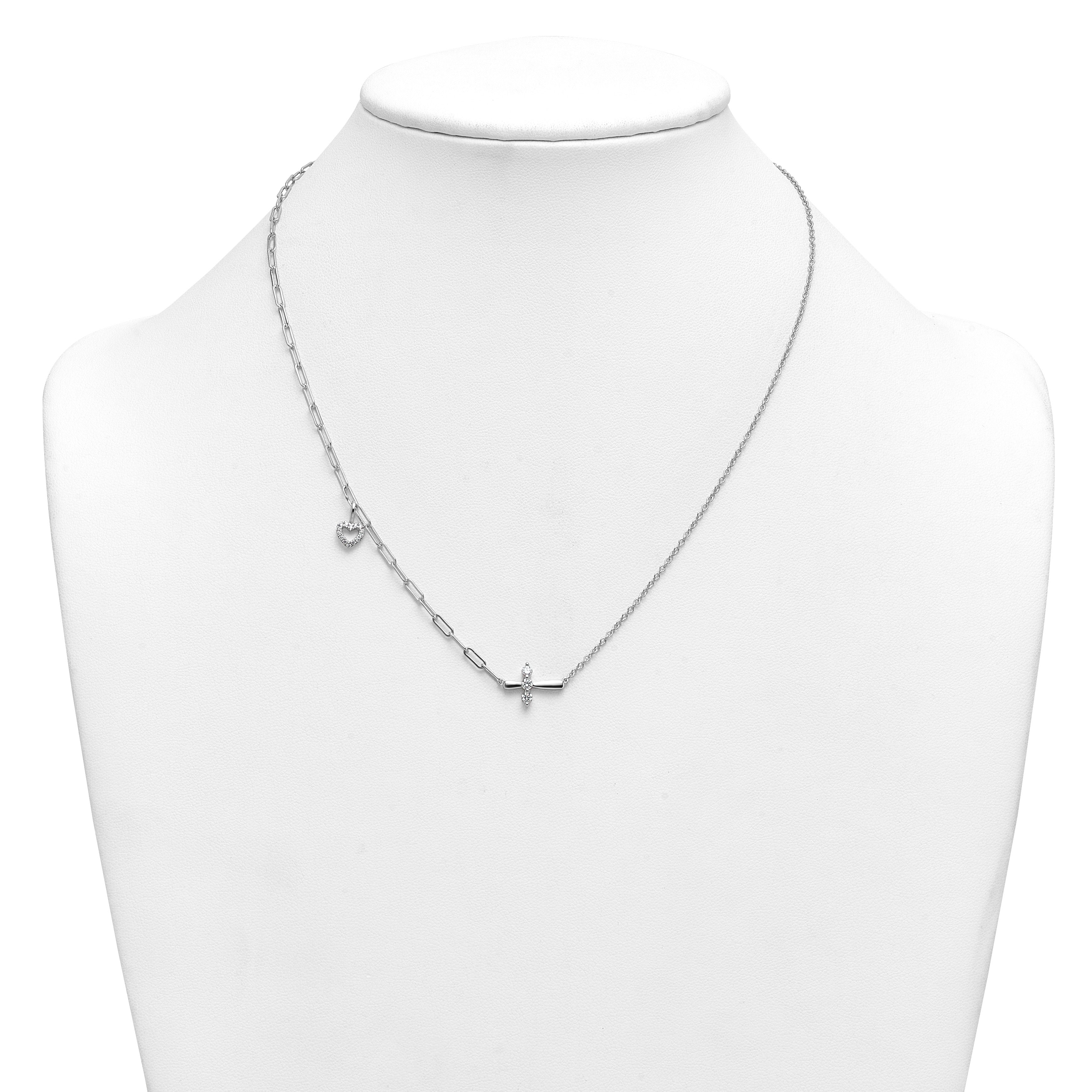 0.26 Ct Round White Lab Grown Diamond Prong 14K White Gold Cross & Heart Paperclip Cable Chain Necklace
