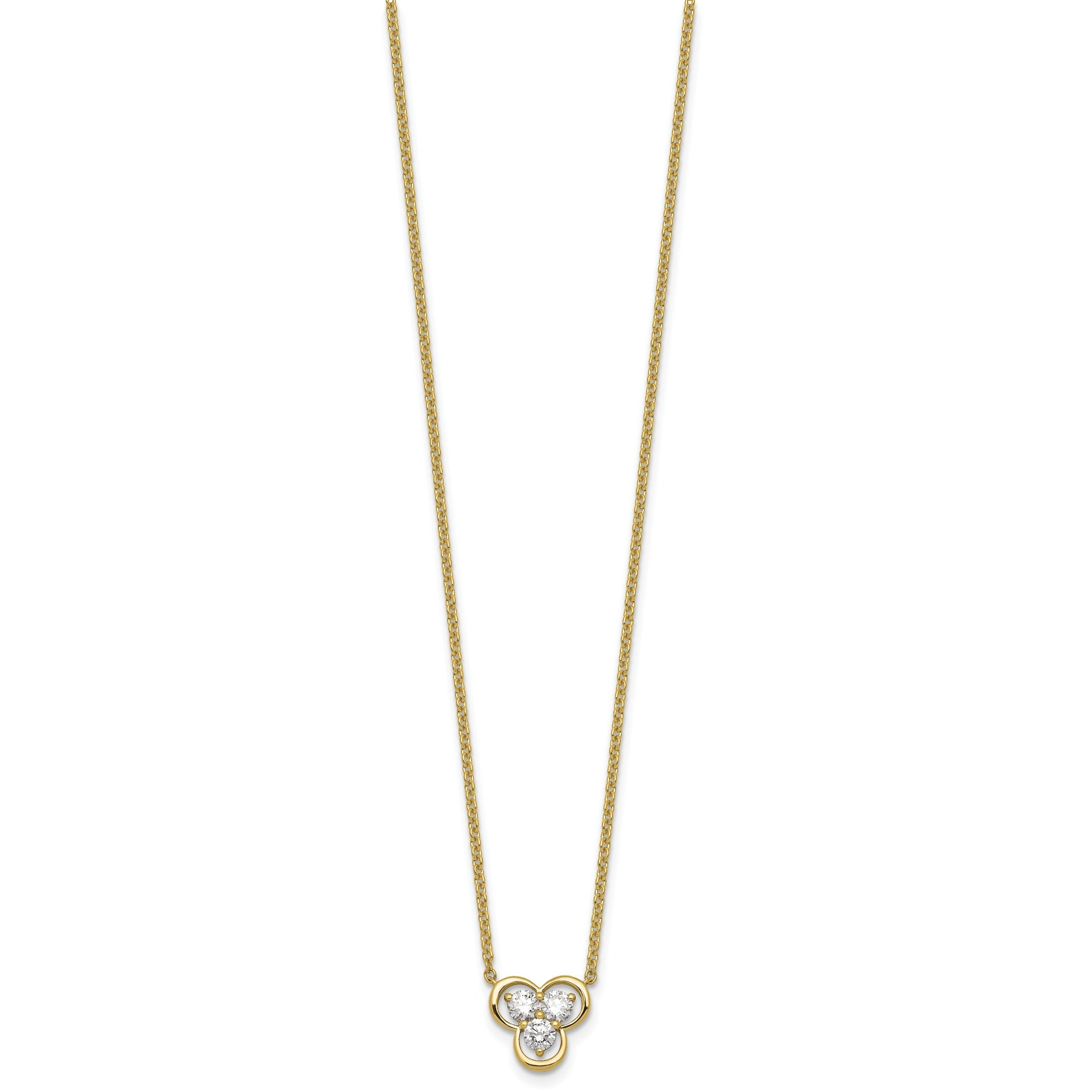 Round White Lab Grown Diamond Prong 14K Yellow Gold Three Stone Cable Chain Necklace