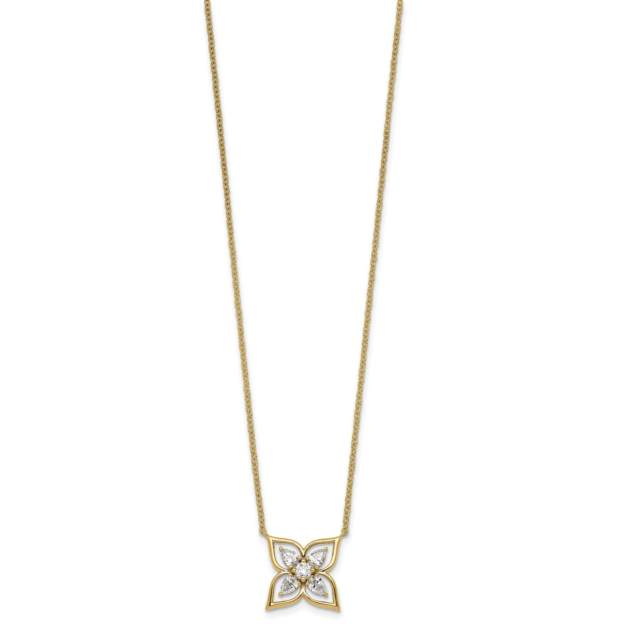 0.78CT Pear White Lab Grown Diamond Prong 14k Yellow Gold Flower Clover Pendant Fashion Necklace
