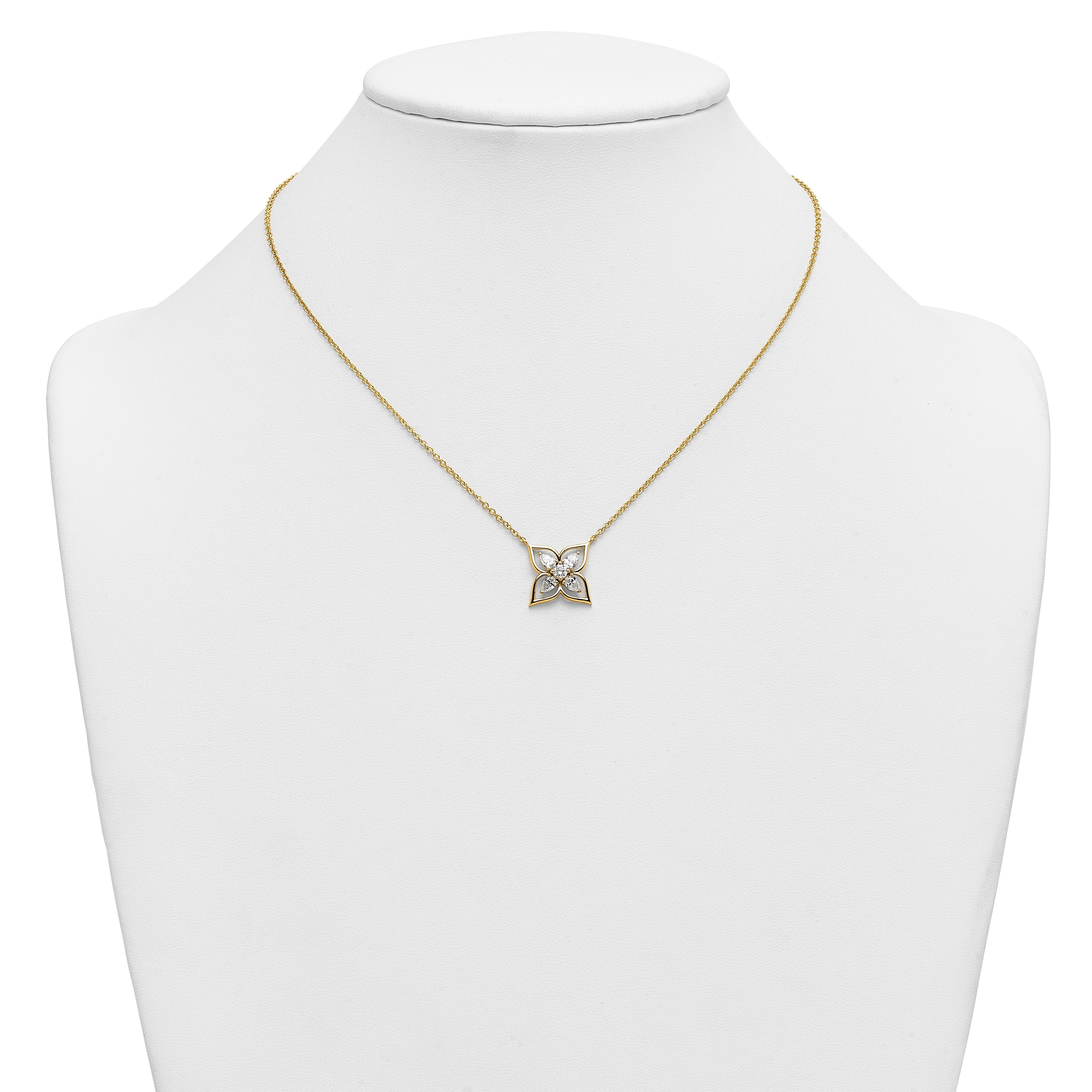0.78CT Pear White Lab Grown Diamond Prong 14k Yellow Gold Flower Clover Pendant Fashion Necklace