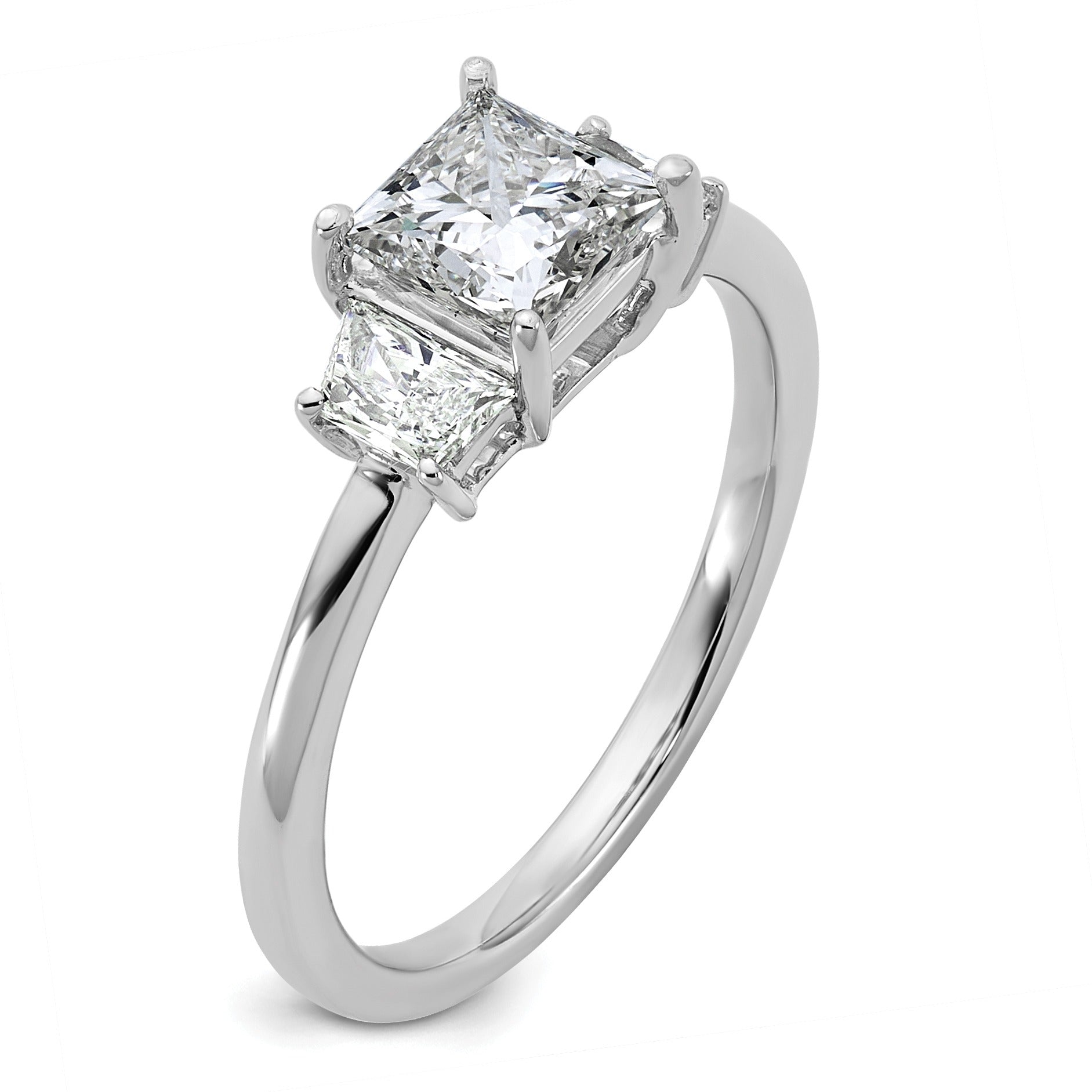 14K White Gold Lab Grown Diamond Princess & Trapezoid 3-Stone Bridal Rings