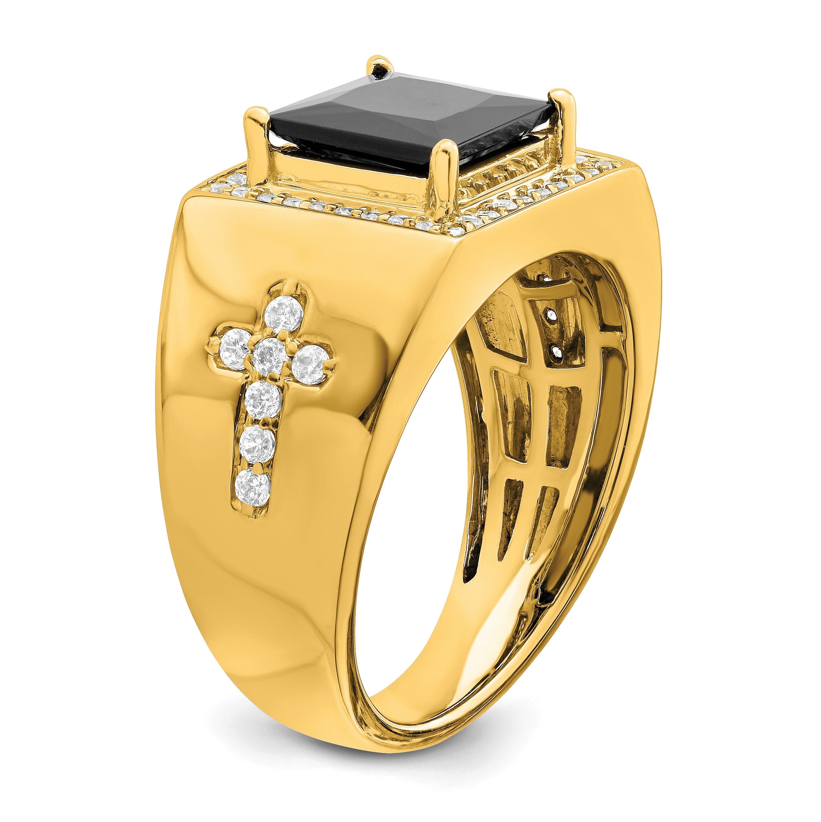 14k Gold 1/2 ct Lab Grown Diamond and Onyx Side Cross Square Men's Ring