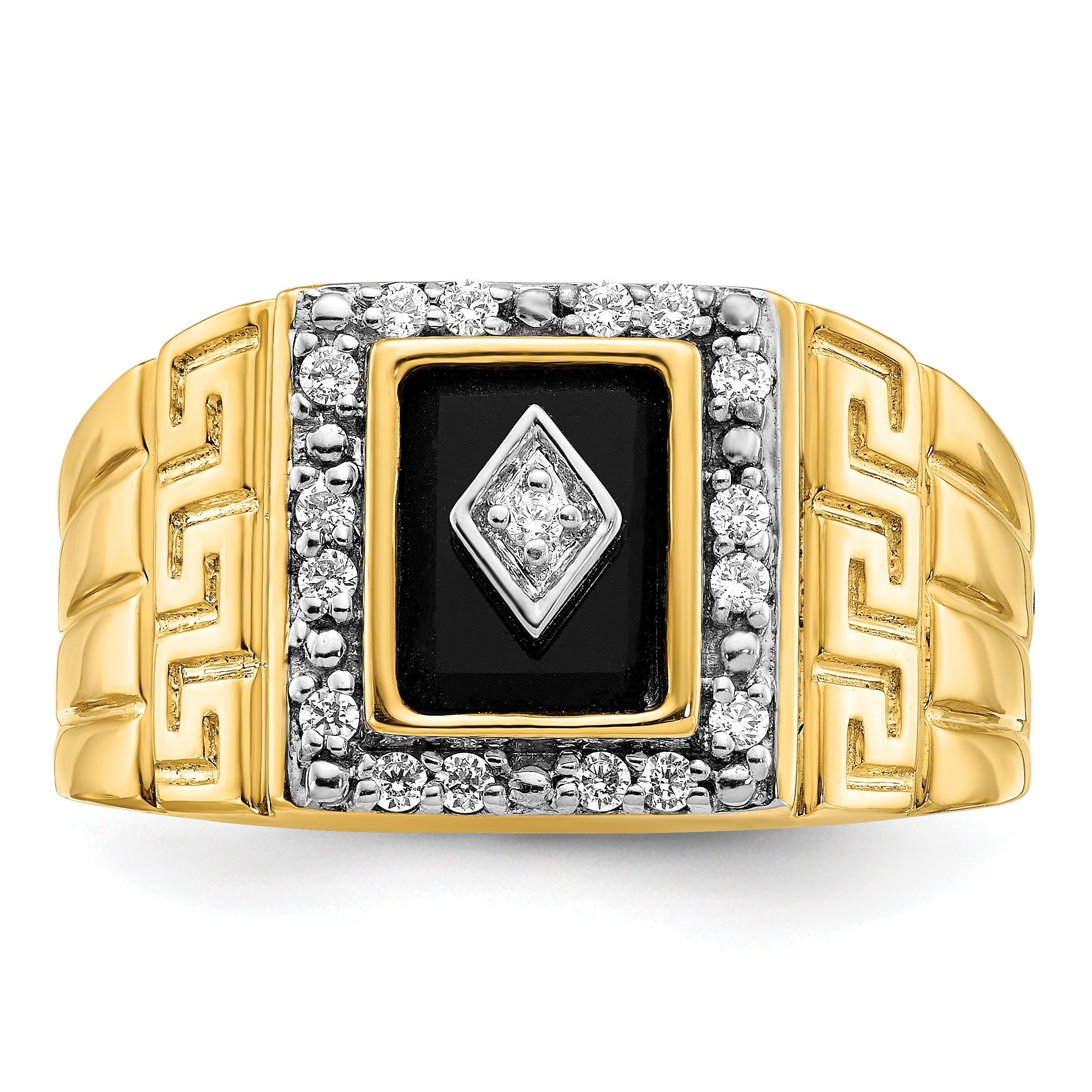 14k Gold 1/5 ct Lab Grown Diamond and Onyx Greek Key Design Men's Ring