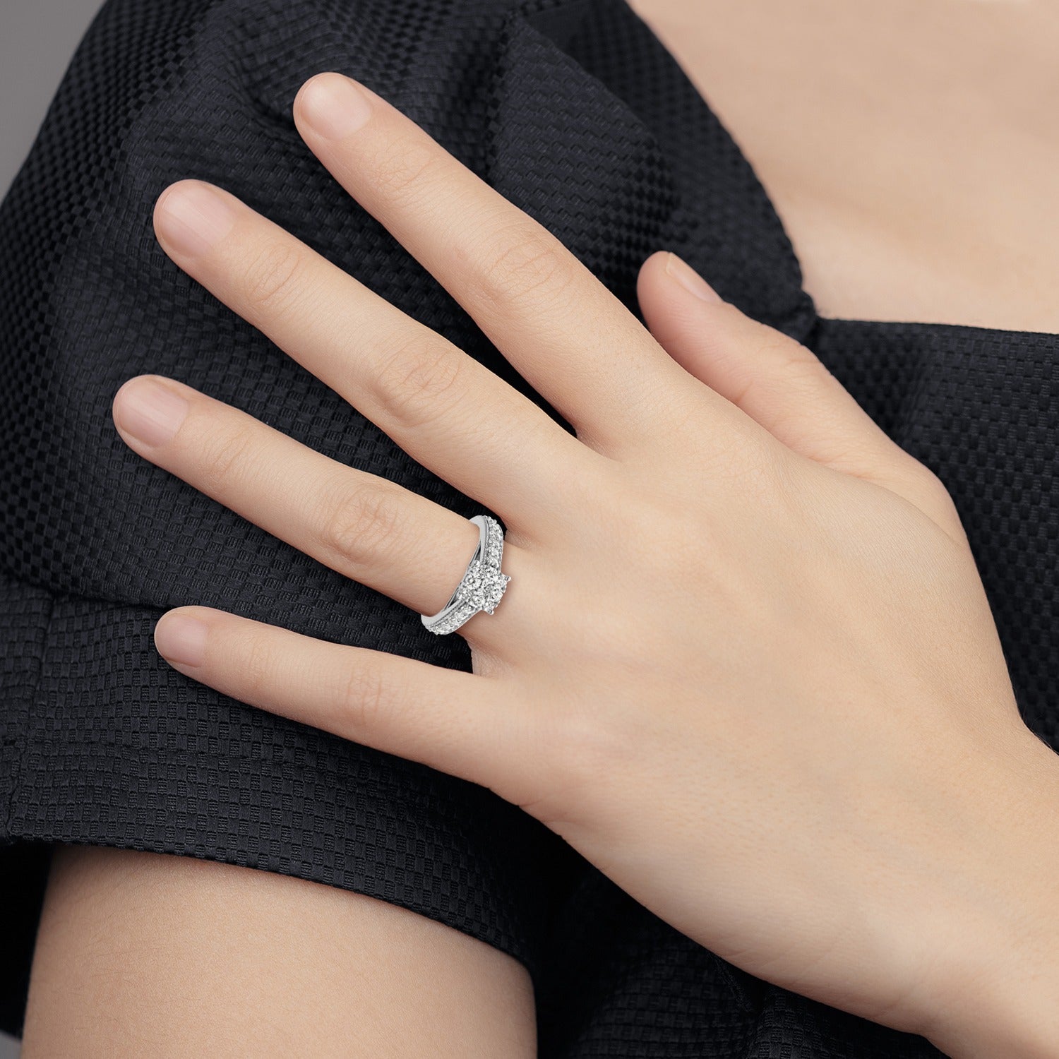 14K White Gold 1 Carat Lab Grown Diamond Cluster Engagement Ring