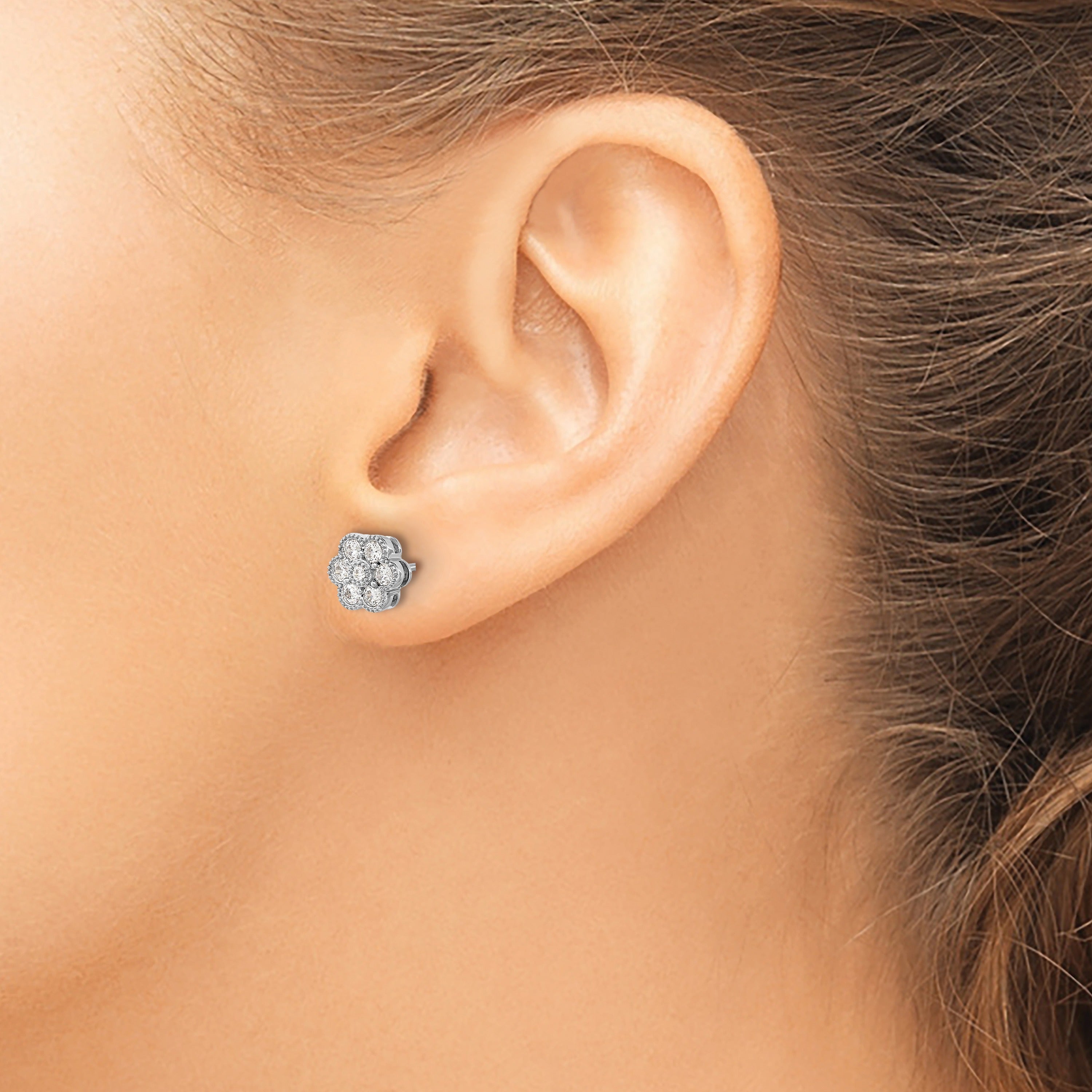 14k White Gold Lab Grown Diamond Floral Post Stud Earrings