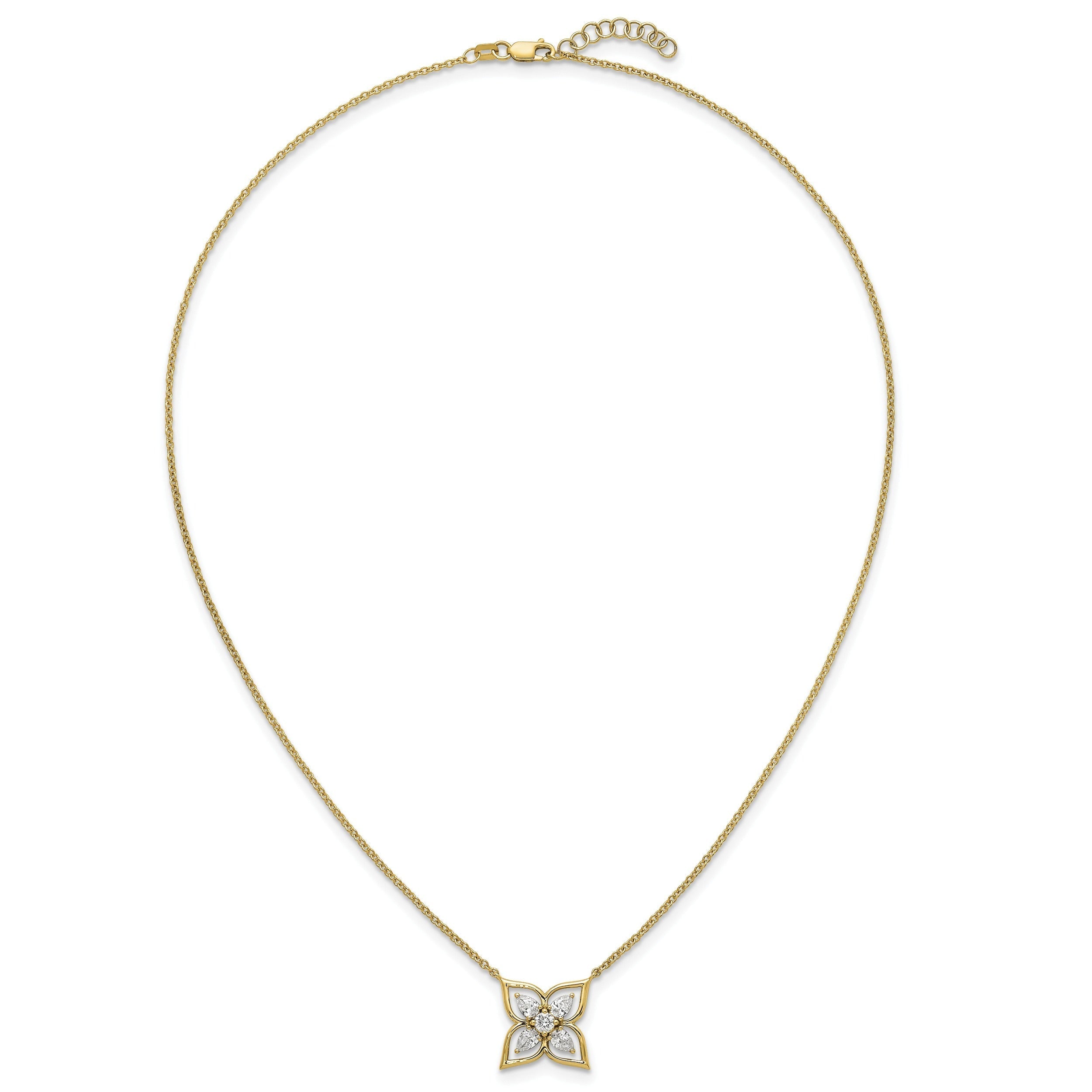 0.78CT Pear White Lab Grown Diamond Prong 14k Yellow Gold Flower Clover Pendant Fashion Necklace