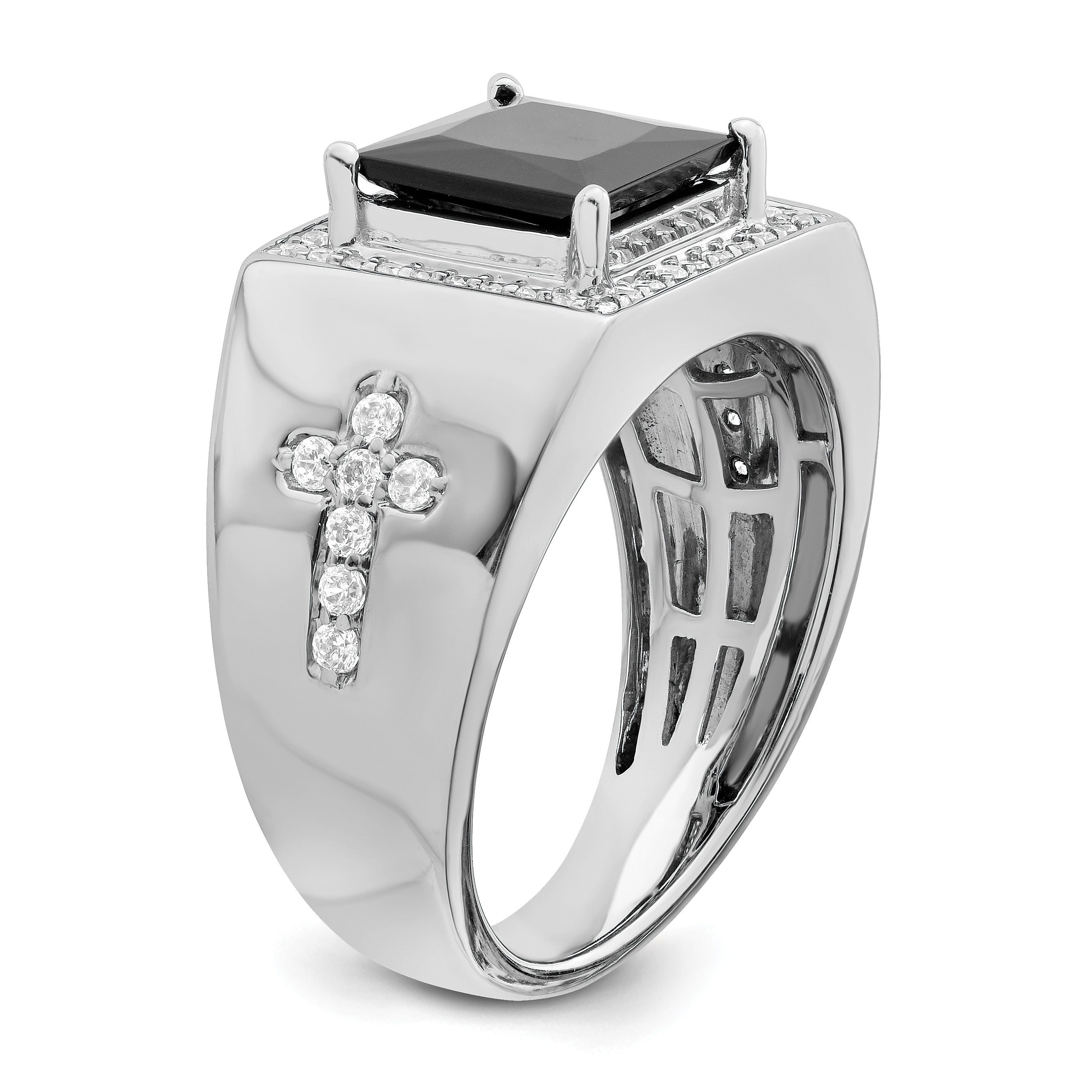 14k Gold 1/2 ct Lab Grown Diamond and Onyx Side Cross Square Men's Ring