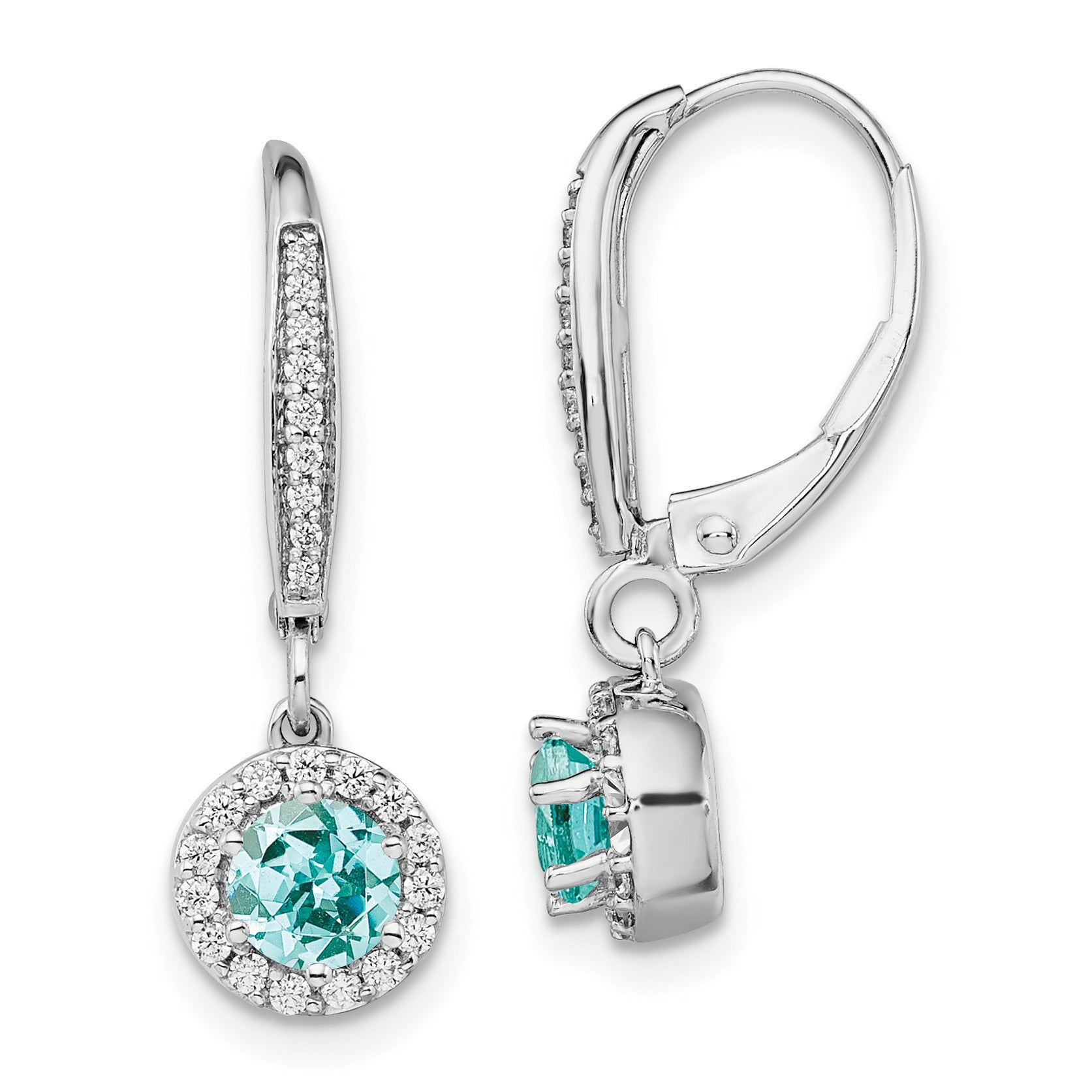 14k White Gold Lab Grown Diamond and Lab Created Paraiba Dangle Earrings