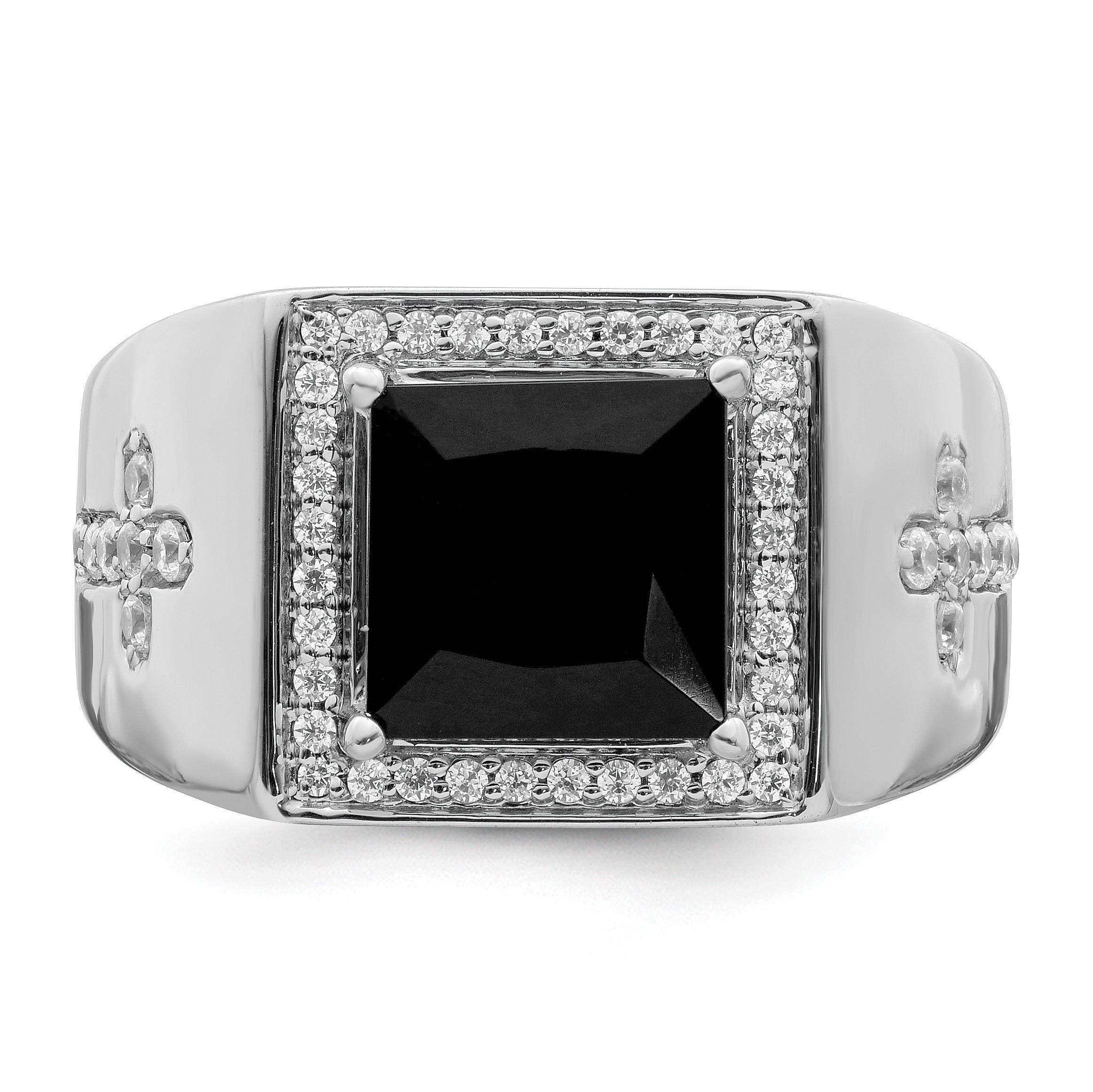 14k Gold 1/2 ct Lab Grown Diamond and Onyx Side Cross Square Men's Ring