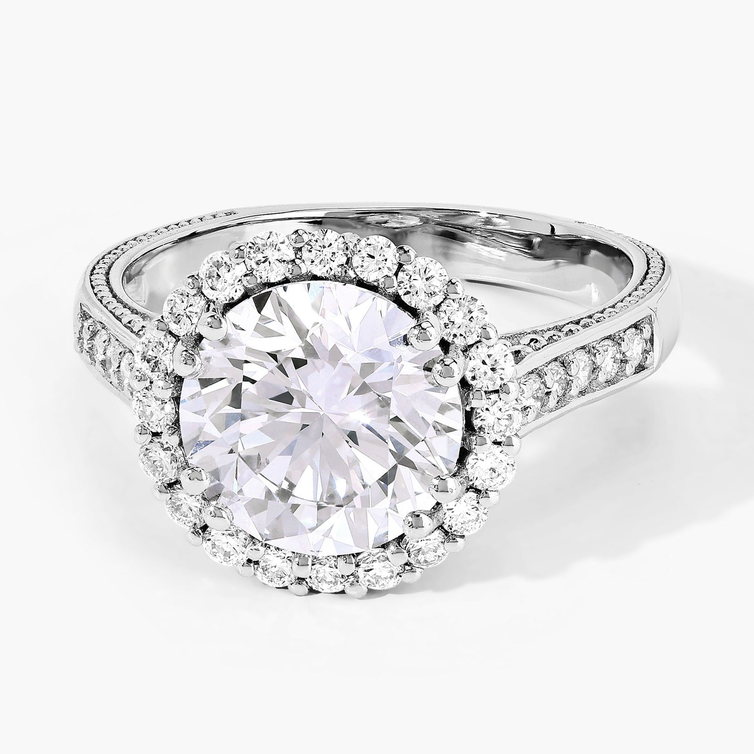 3.64 Ct Round Lab Diamond Platinum Bridal Halo Pave Cathedral Ring