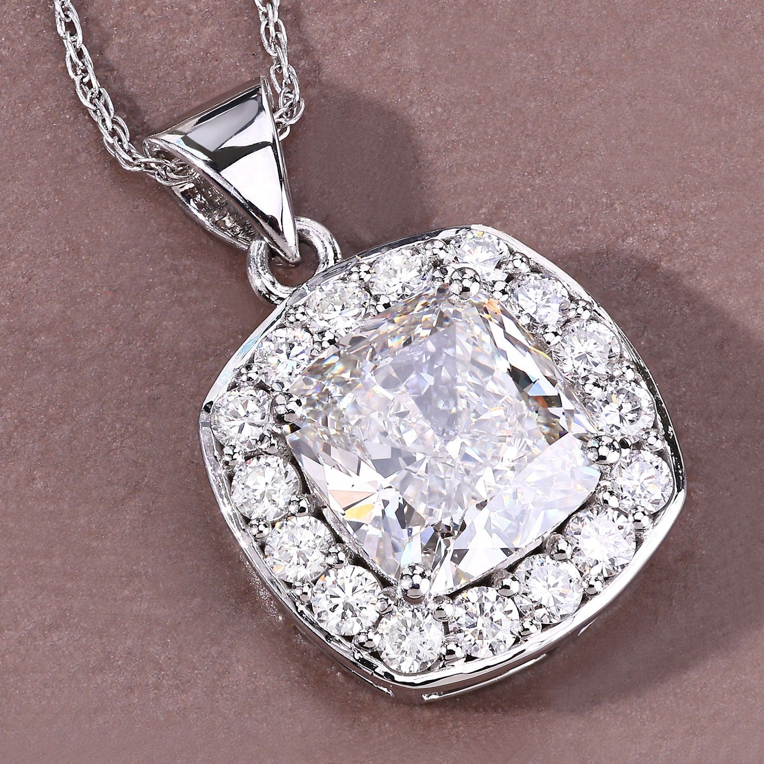3.50 Ct Cushion Cut Lab Diamond Prong Platinum Halo Bridal Pendant