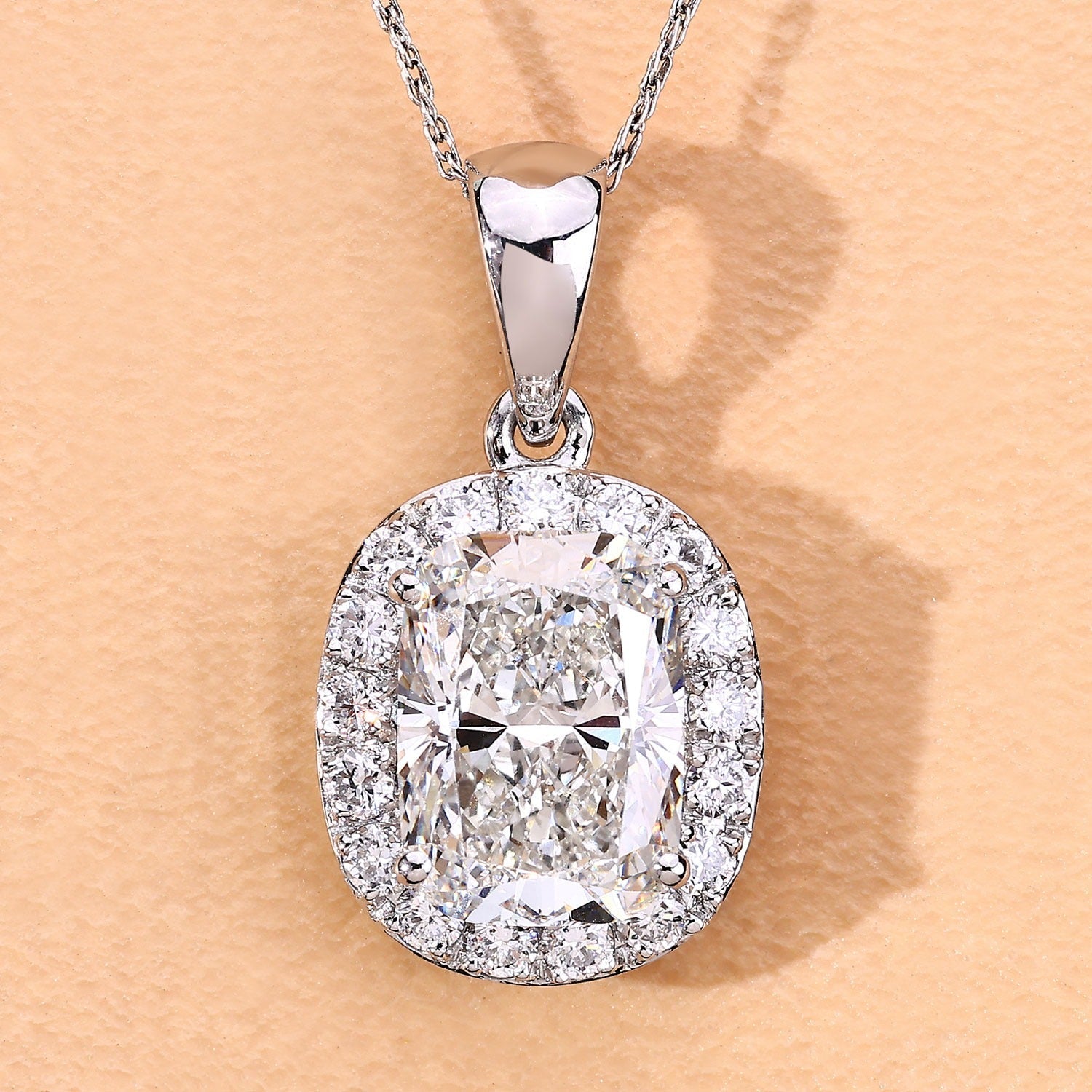 4.58 Ct Cushion Lab Grown Diamond Prong Platinum Bridal Halo Pendant