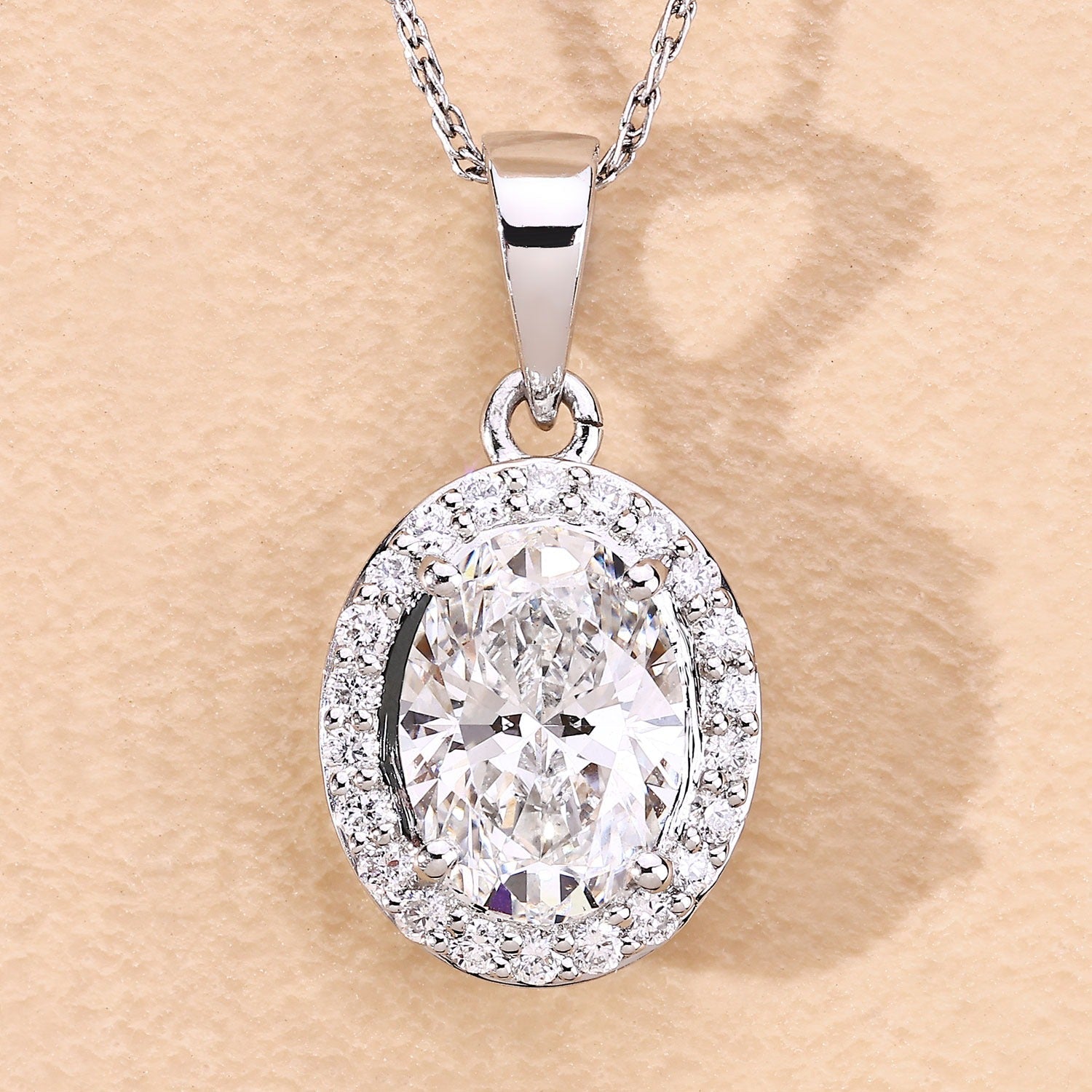 Lab Grown Diamond Prong Bridal Oval Halo Platinum Pendant