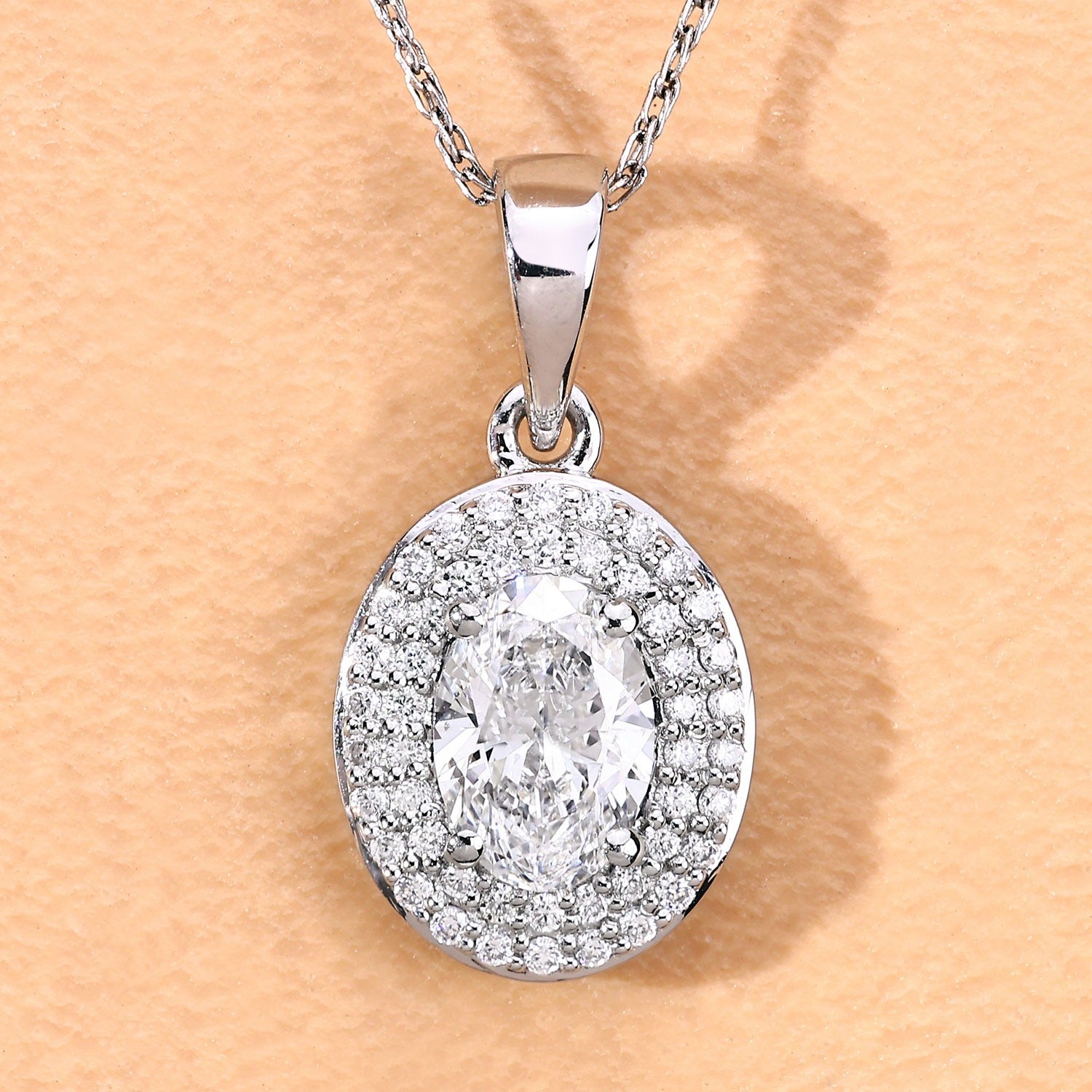 0.92 Ct Oval Lab Grown Diamond Platinum Double Halo Bridal Pendant