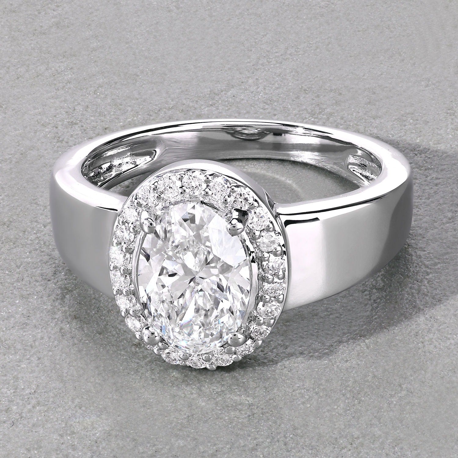 1.80 Ct Oval Lab Grown Diamond Prong Thick Band Platinum Halo Bridal Ring