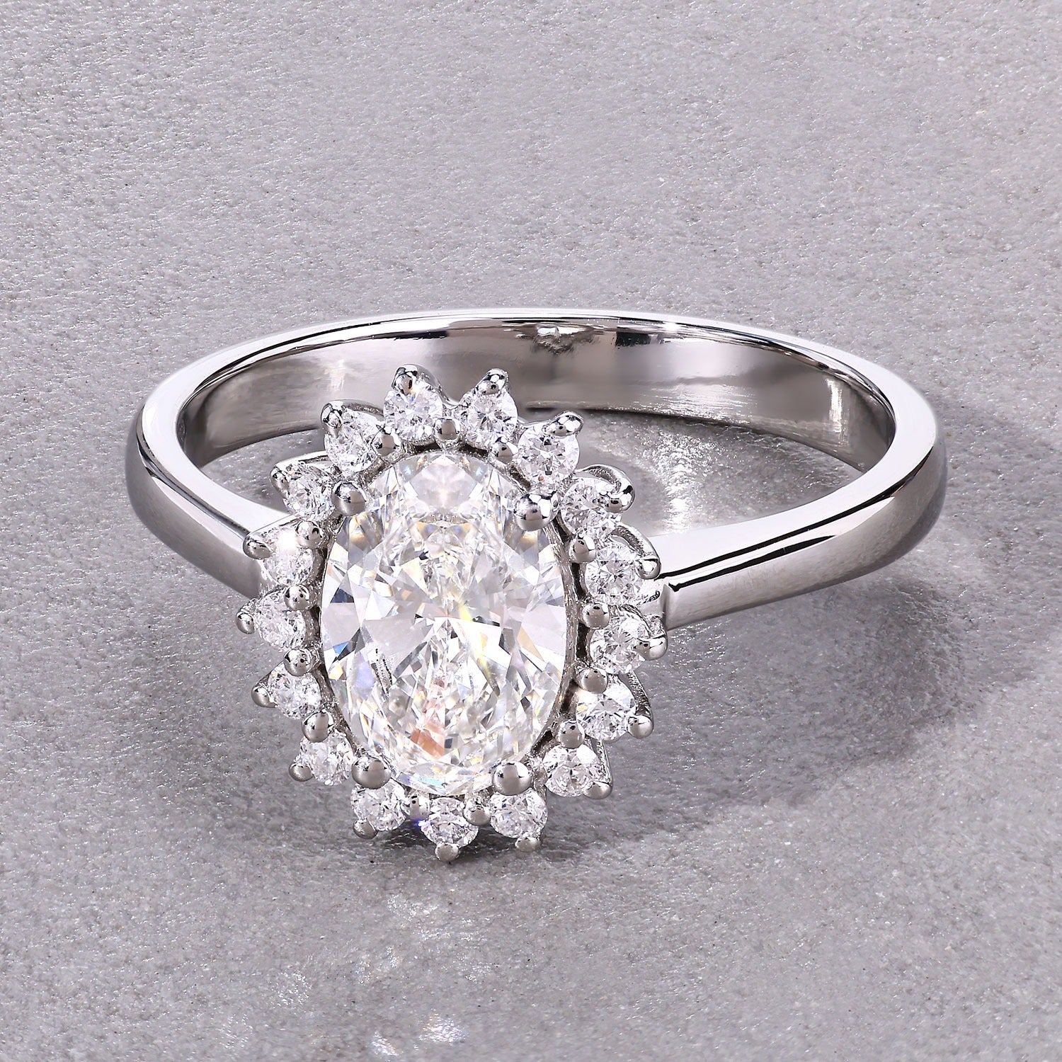 1.98 Ct Oval Lab Diamond Platinum Prong Halo Bridal Cathedral Ring with Pave Band