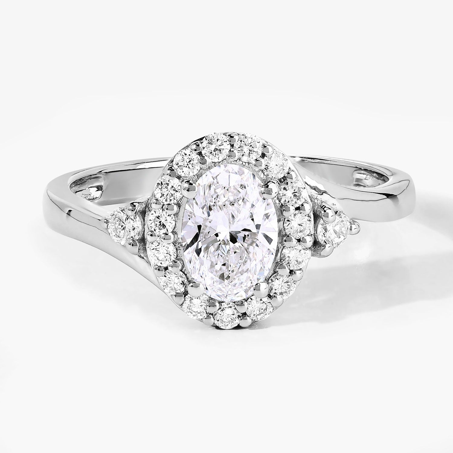 1.02 Ct Oval Lab Grown Diamond Prong Platinum Halo Bypass Bridal Ring