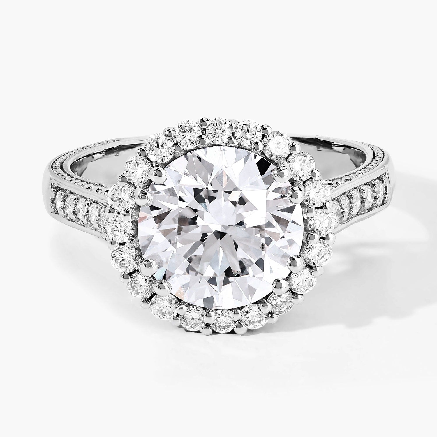 3.64 Ct Round Lab Diamond Prong Platinum Bridal Halo Pave Cathedral Ring