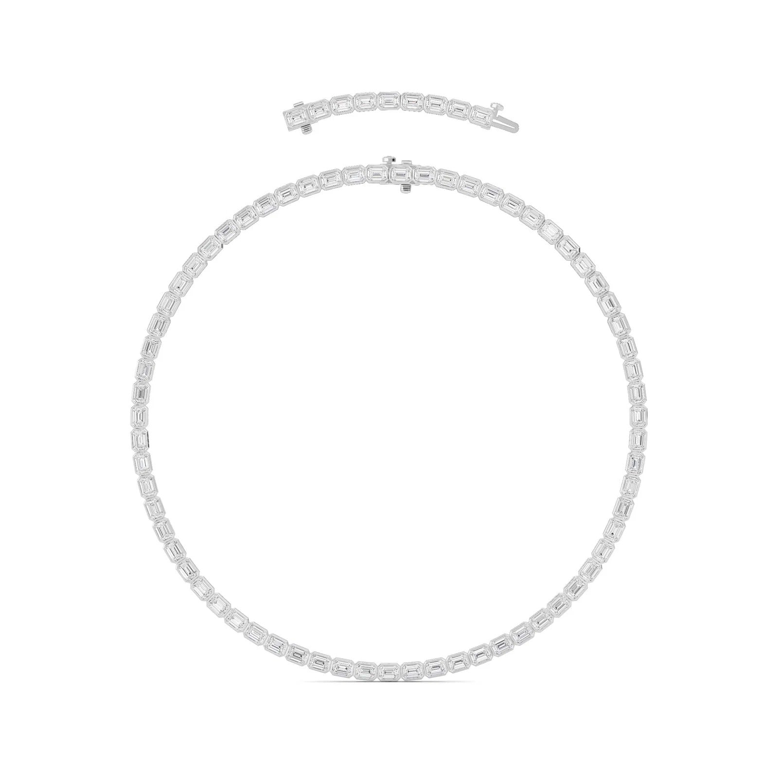 30.0 Ct Emerald (F/VS) Lab Grown Diamond Bezel 14K White Gold Classic Eternity Tennis Necklace