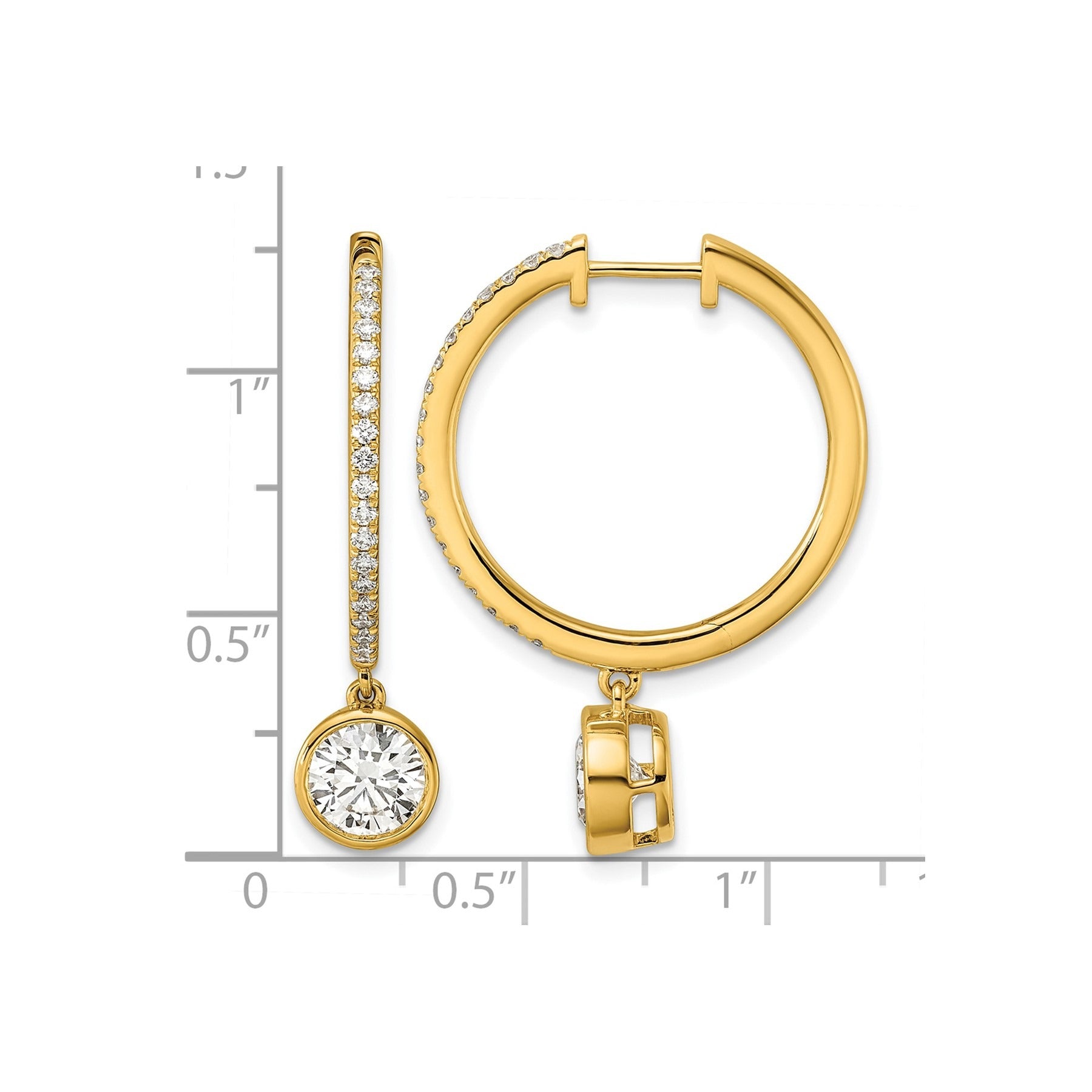14k Yellow Gold Round Bezel Dangle Lab Grown Diamond Hoop Earrings