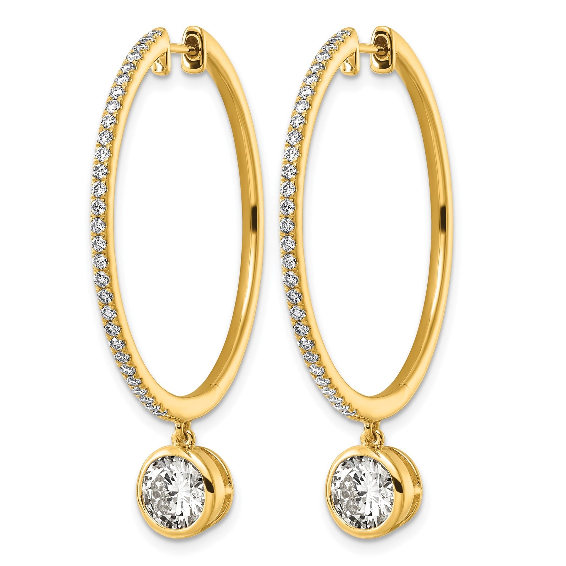 14k Yellow Gold Round Bezel Dangle Lab Diamond Hoop Earrings