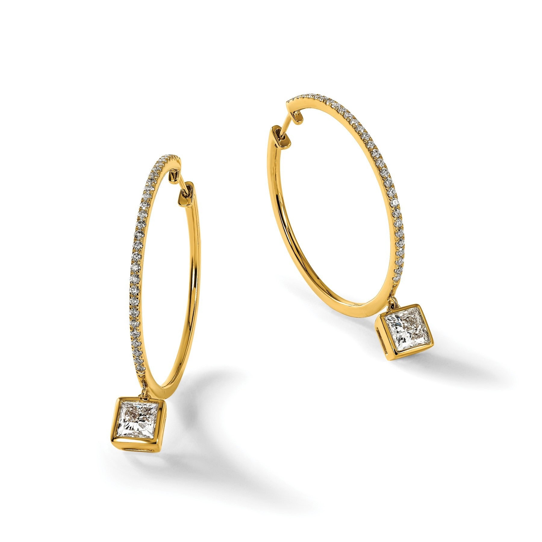 14k Yellow Gold Princess Bezel Dangle Lab Grown Diamond Hoop Earrings