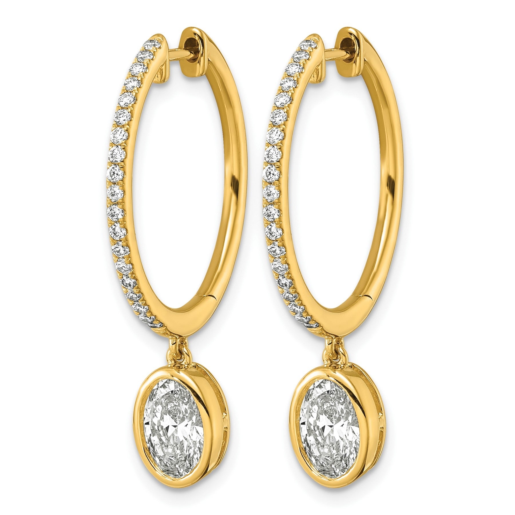 14k Yellow Gold Oval Bezel Dangle Lab Grown Diamond Hoop Earrings