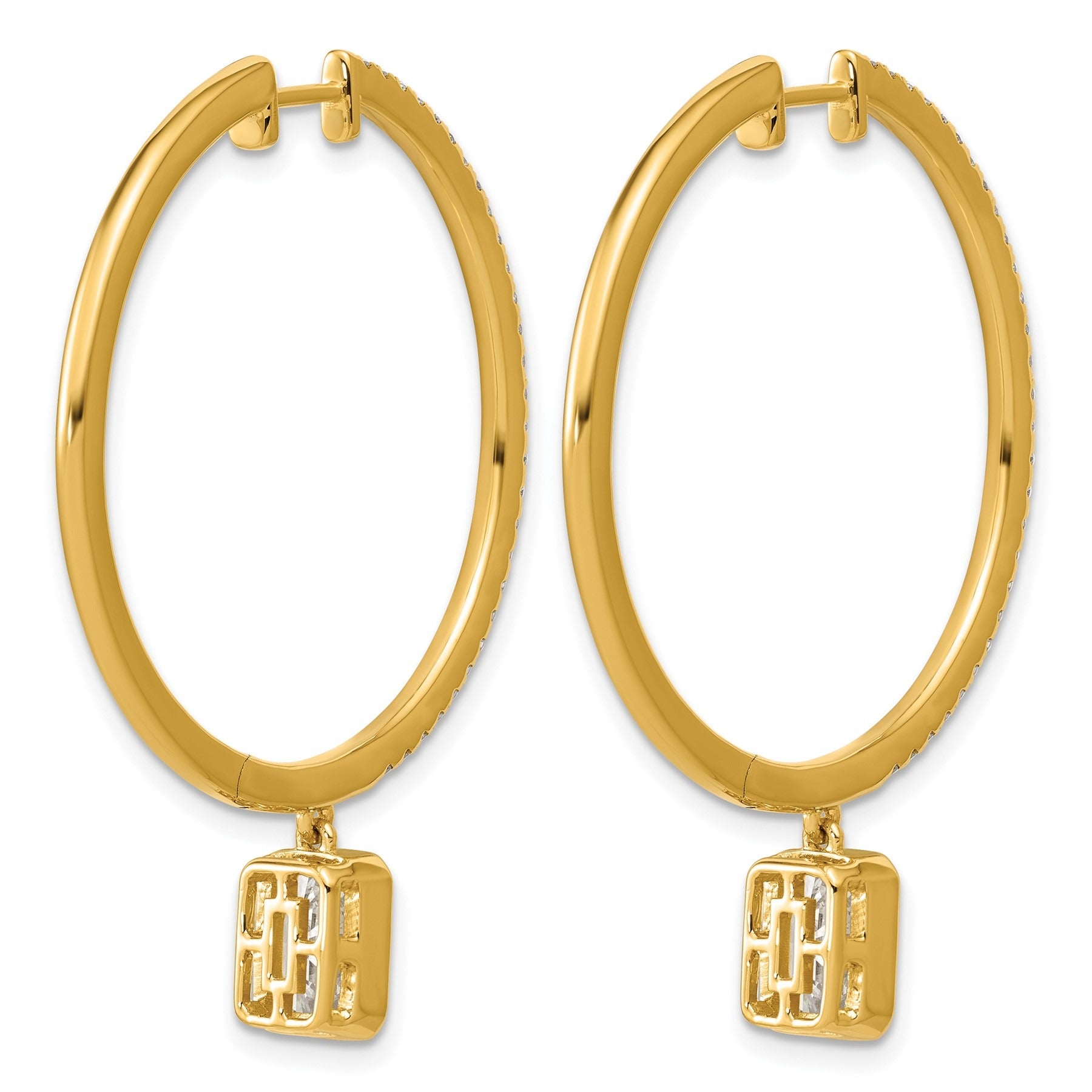 14k Yellow Gold Emerald Bezel Dangle Lab Diamond Hoop Earrings