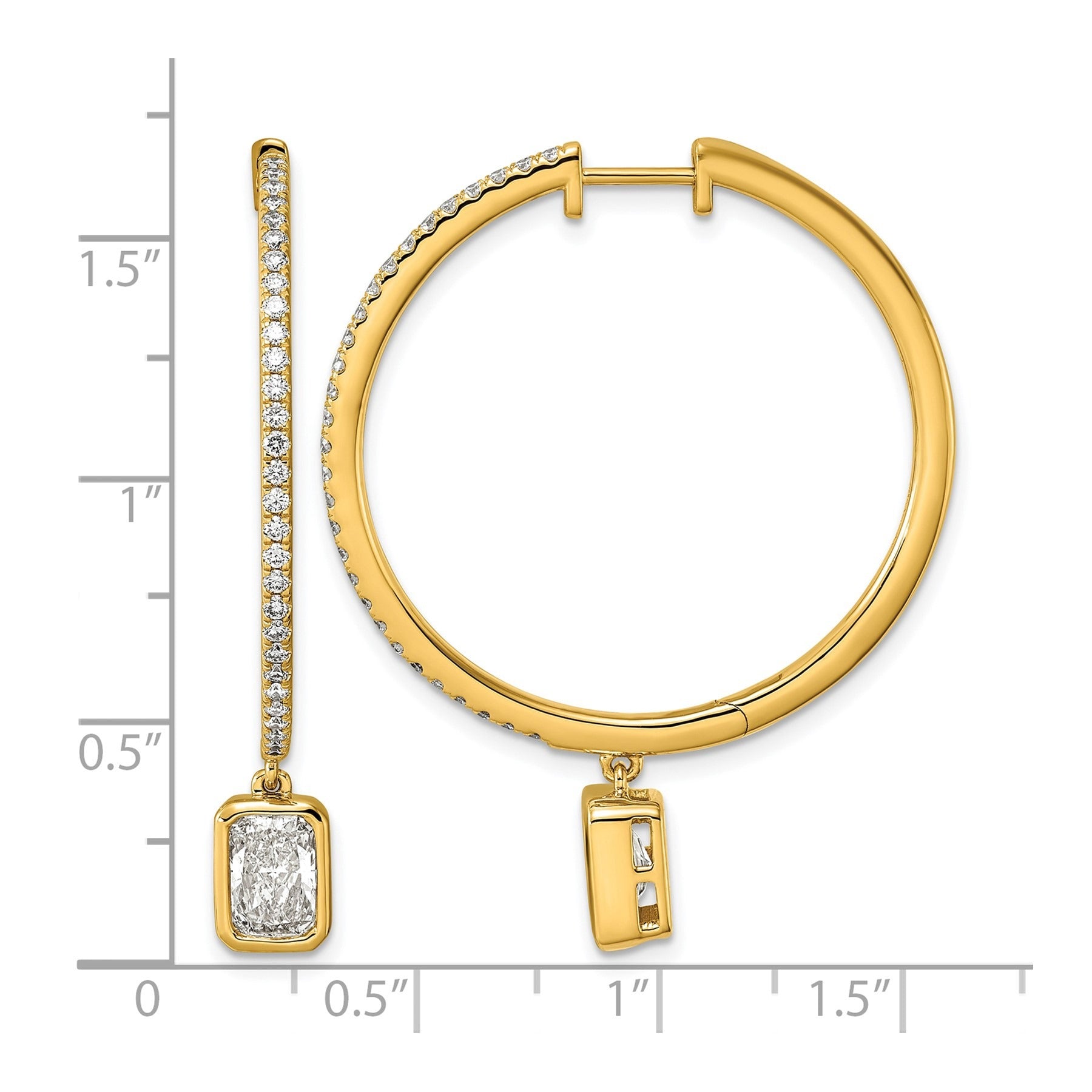14k Yellow Gold Emerald Bezel Dangle Lab Diamond Hoop Earrings
